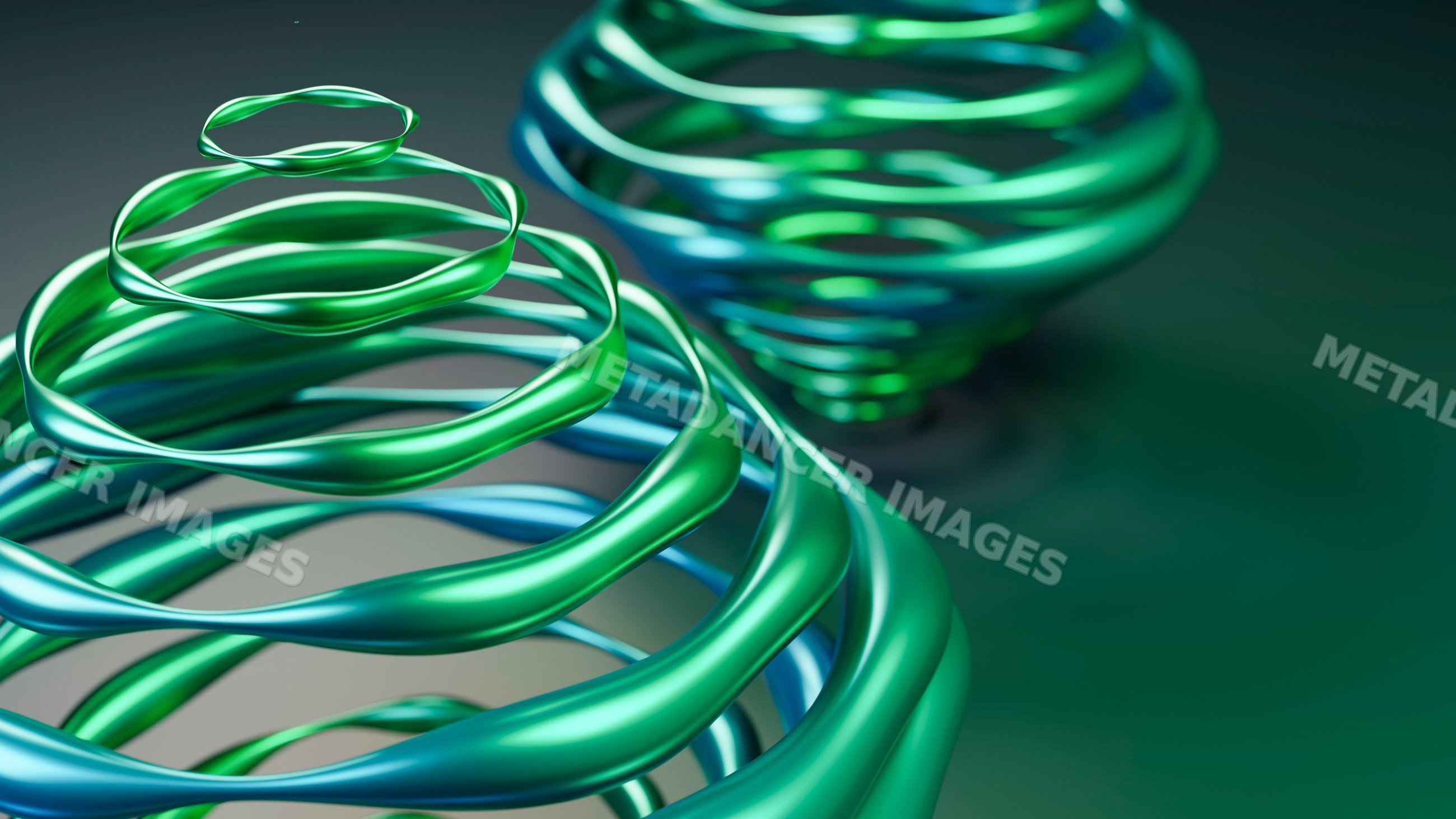 Abstract digital illustration of twisted green and blue spiral shapes