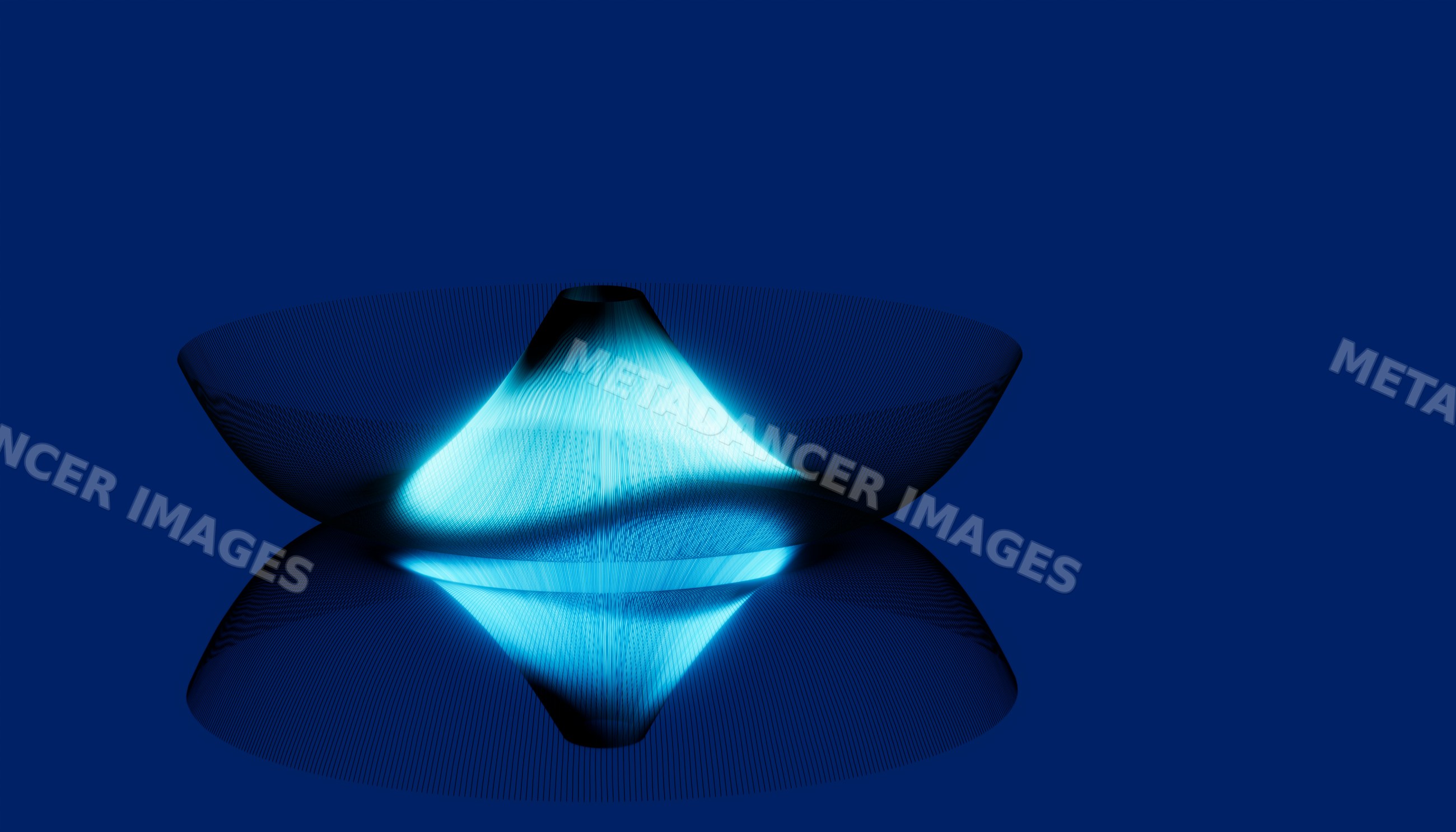 Wireframe cone with blue glow and reflective surface