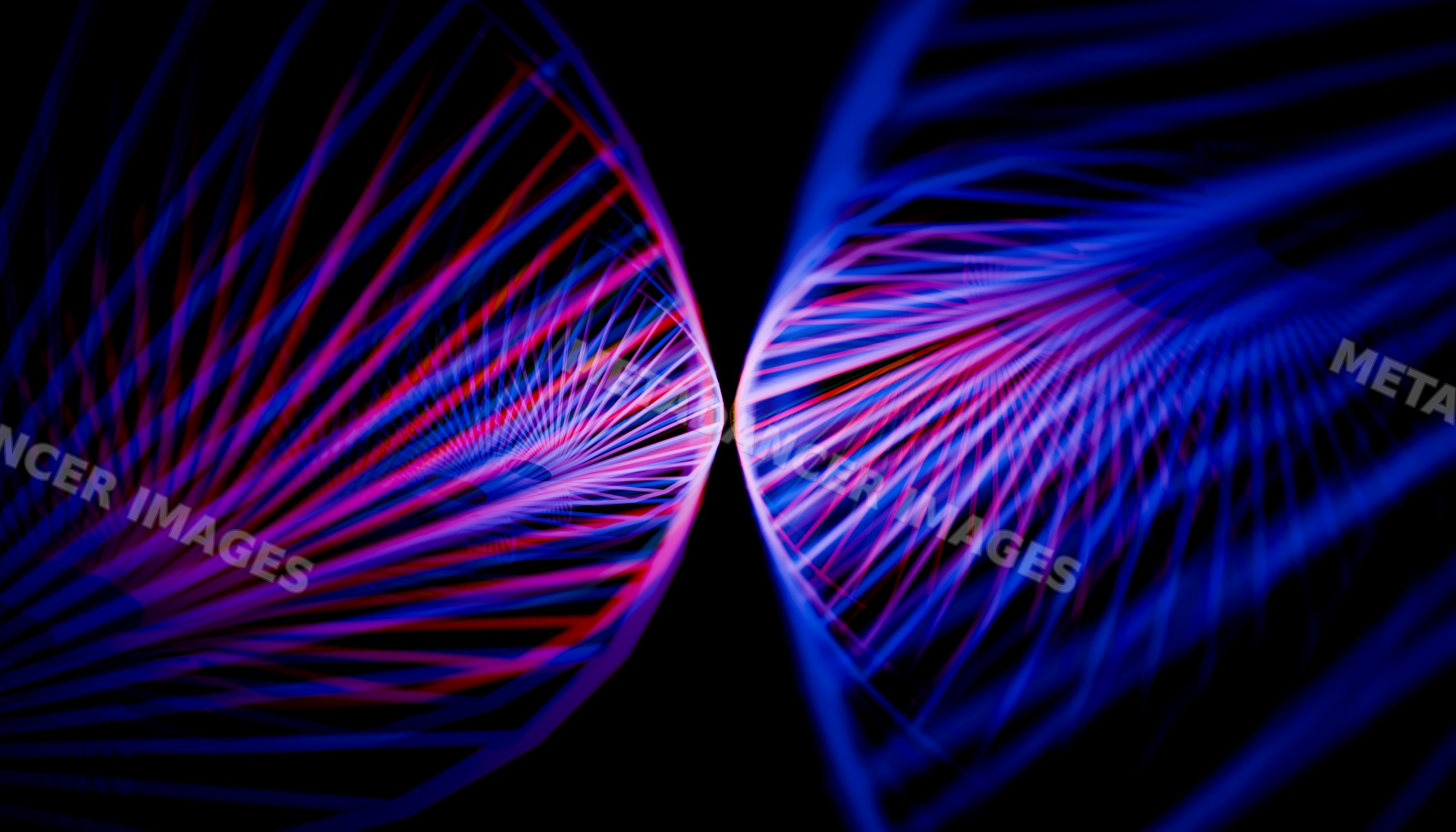 Abstract digital art with blue and pink neon light trails converging