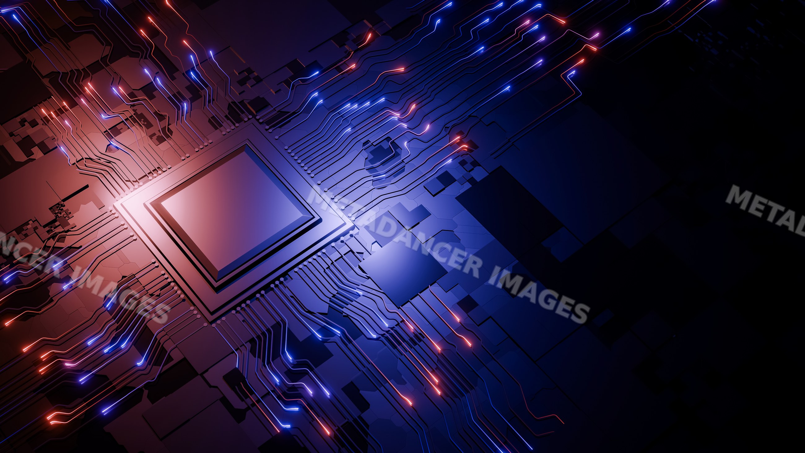 Abstract render of a glowing computer microchip with electric circuits