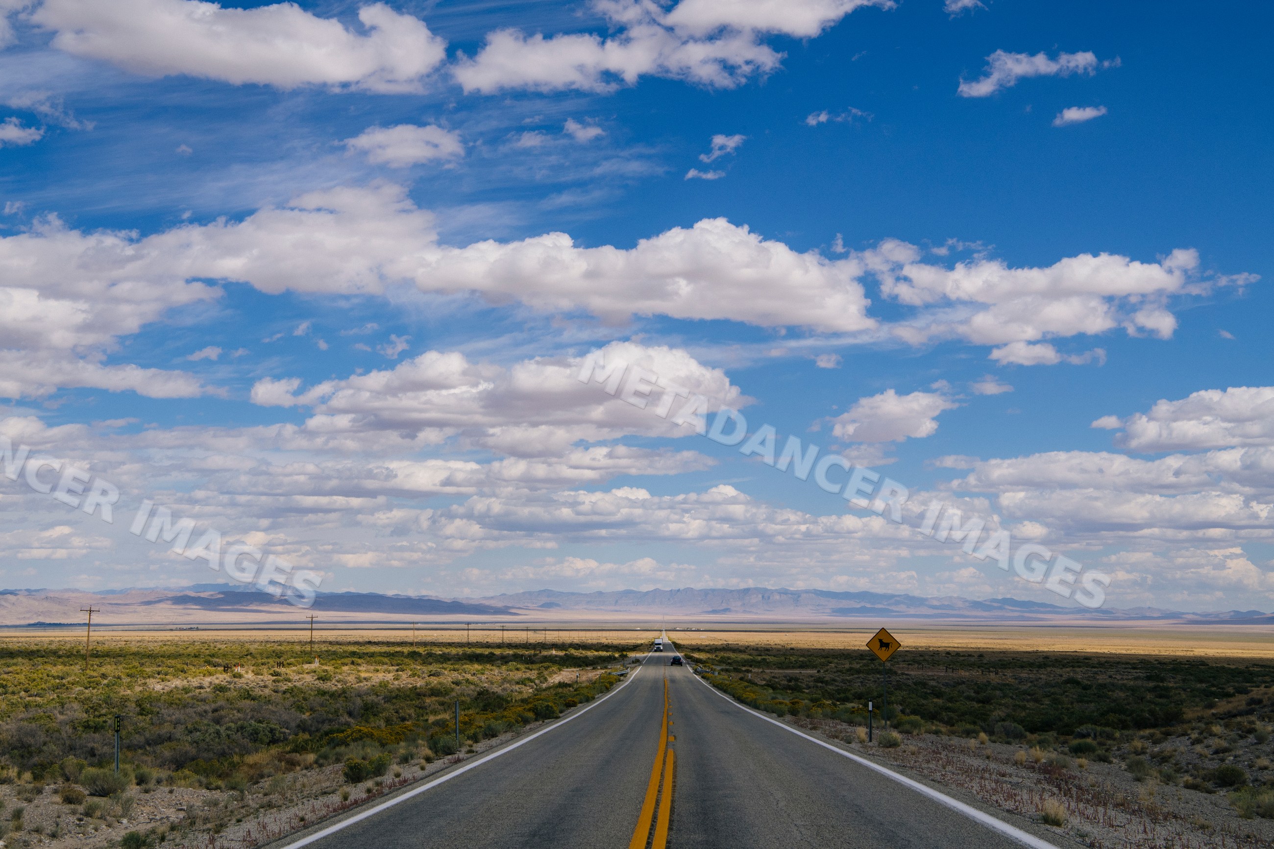 Open desert highway with scenic mountain view and animal crossing sign