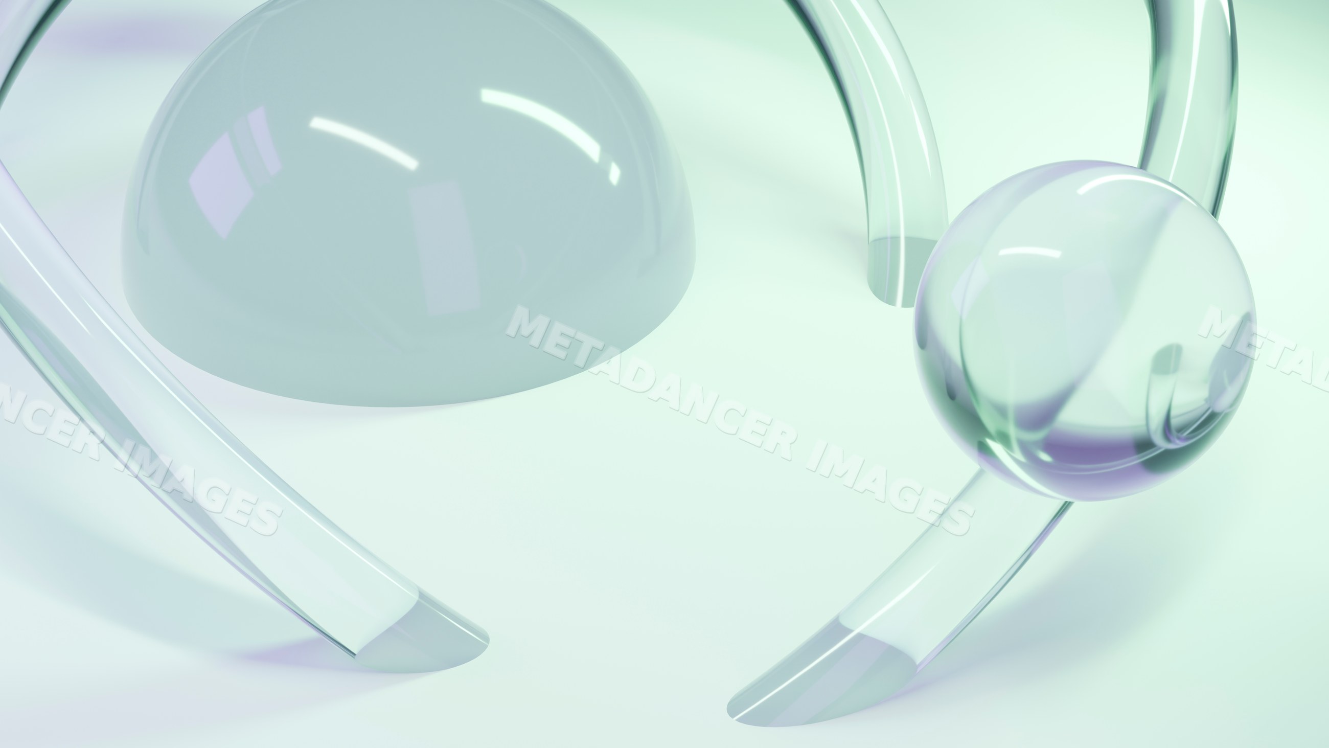 Abstract translucent glass spheres and curved tubes