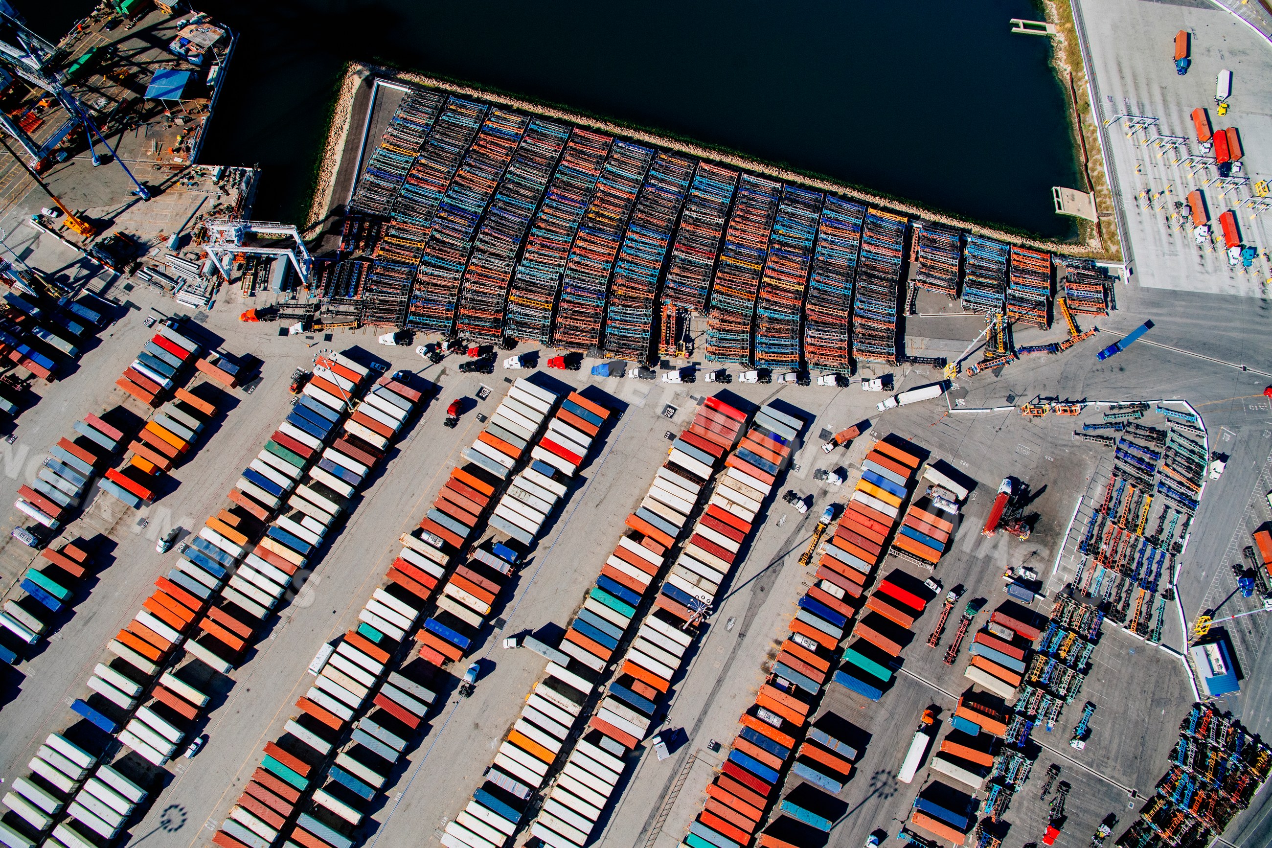 Aerial view of shipping container yard at port in long beach