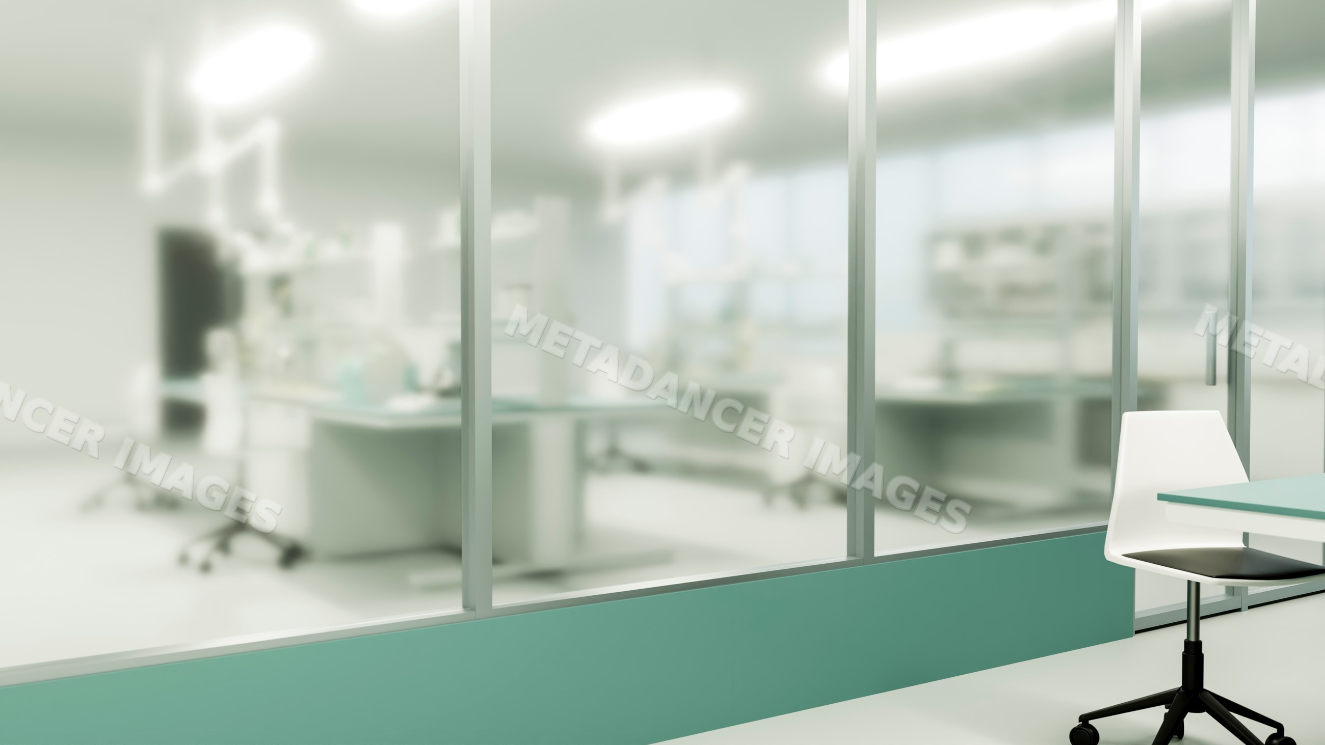 Interior view of a modern laboratory with glass wall and white chair