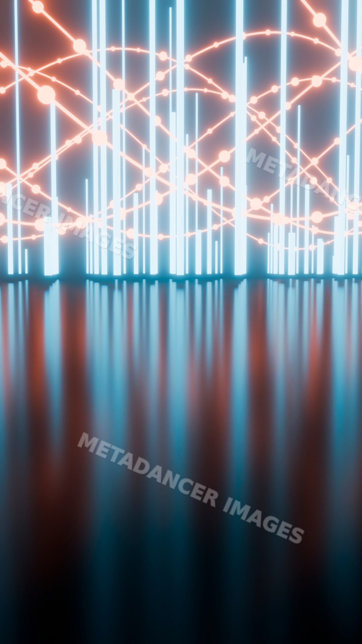 Blue and orange neon light installation with glowing vertical bars