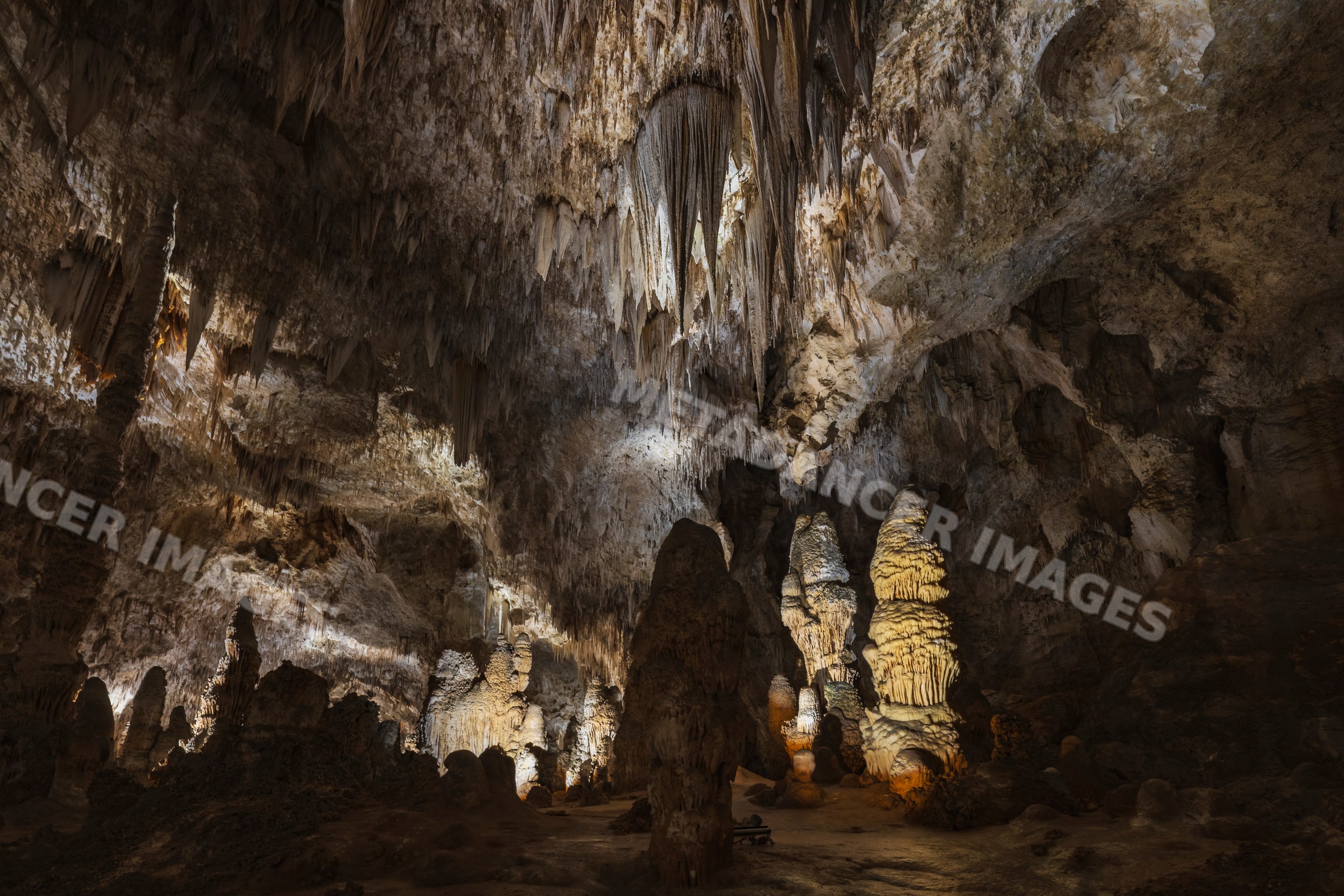 Carlsbad caverns underground chamber with stalagmites and stalactites
