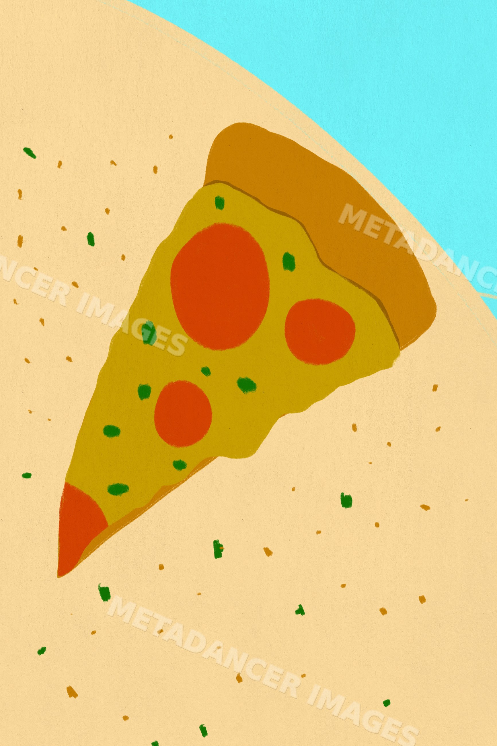 Illustration of a slice of pepperoni pizza with vibrant colors