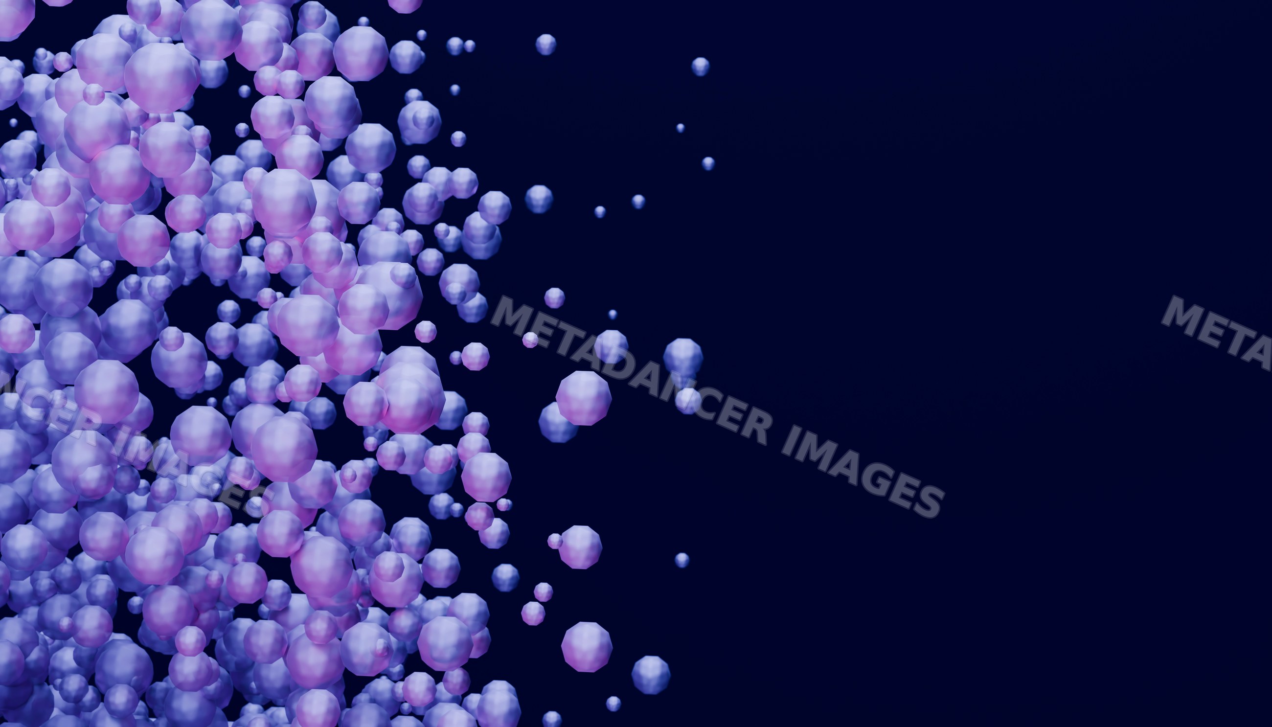 A digital rendering of floating purple spheres clustered on a dark