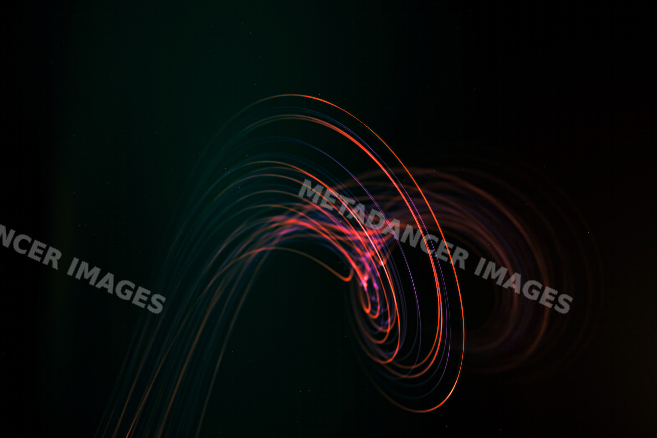 Colorful abstract light trails create curved patterns on a dark
