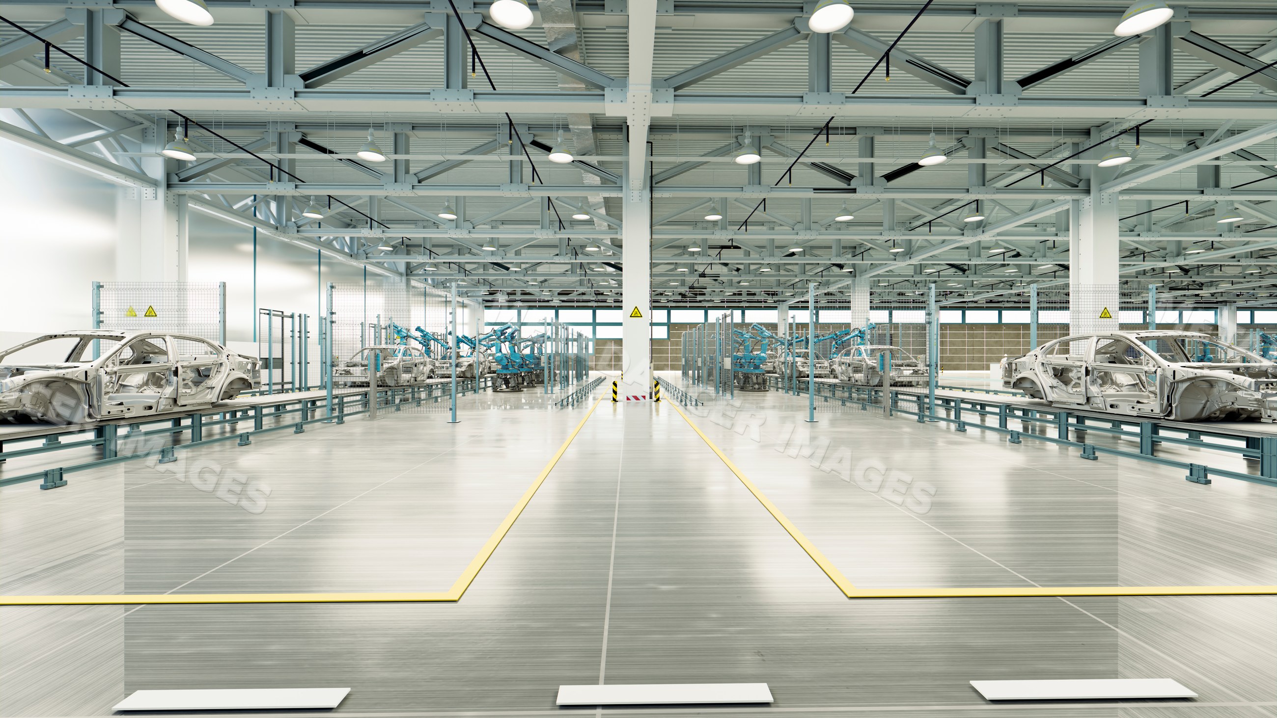 Car frames on automated assembly line