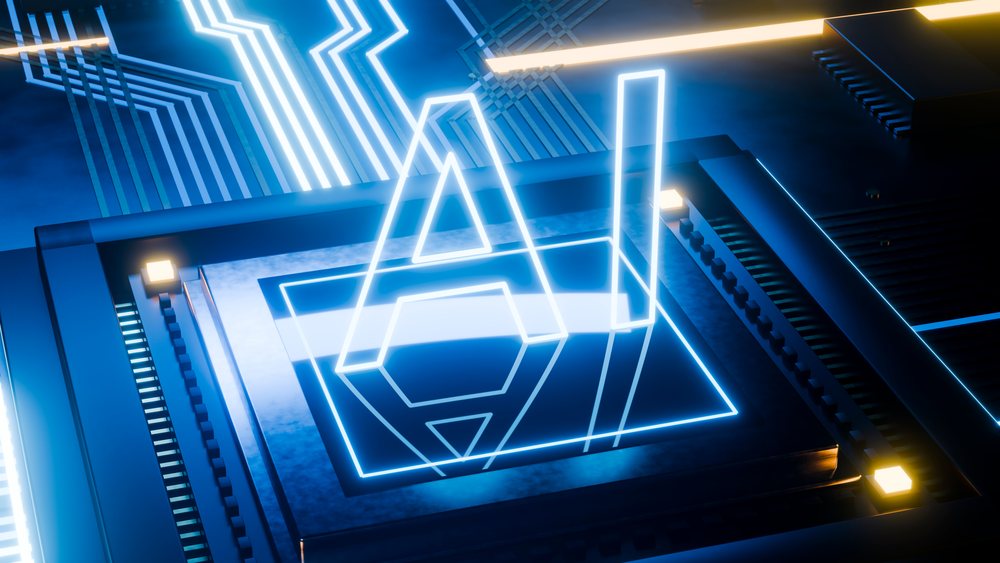 Neon ai letters on futuristic microchip circuit board