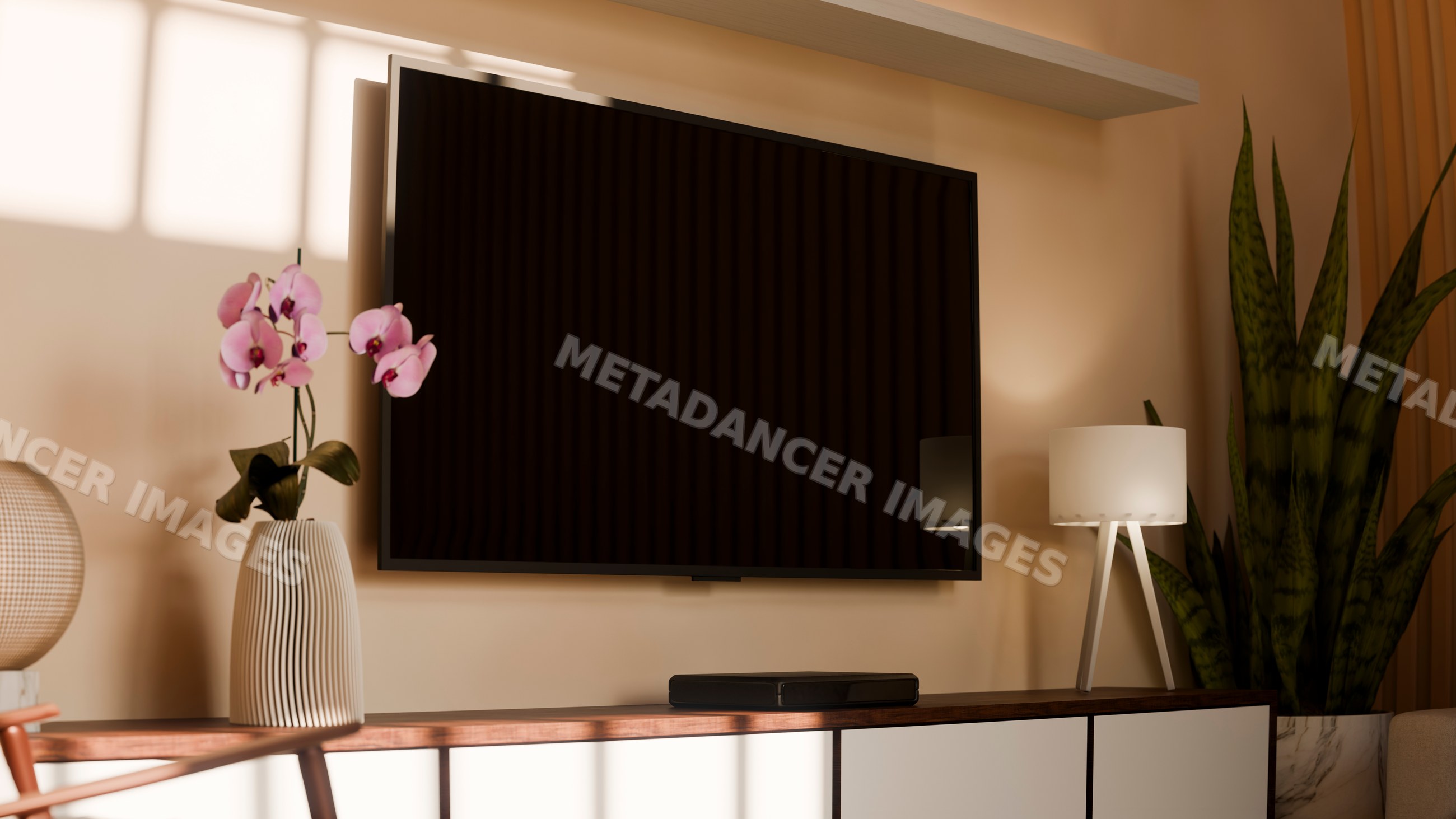 Modern living room with wall-mounted flat screen tv and indoor plants