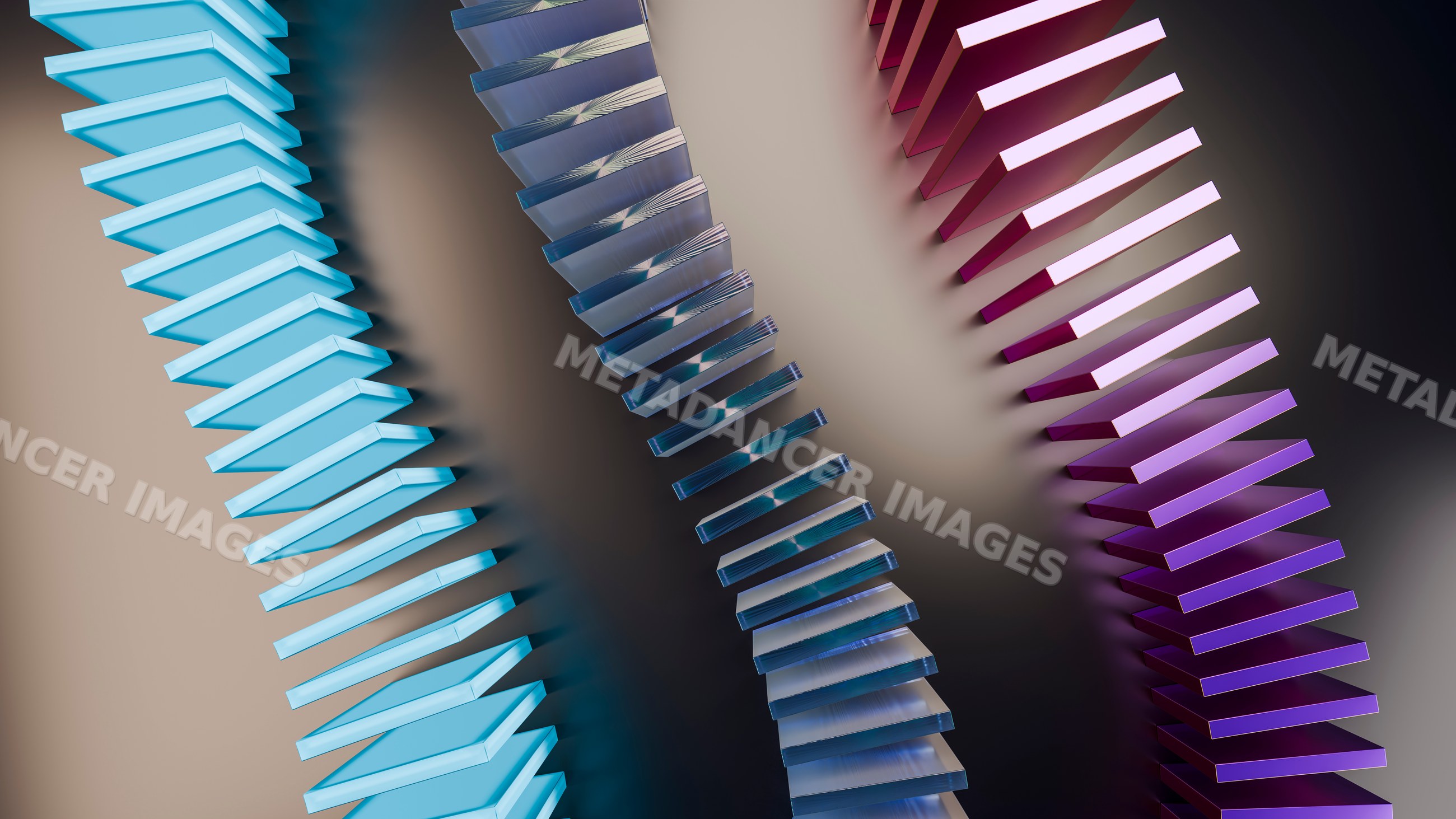 Abstract illustration of three colored domino chains in motion