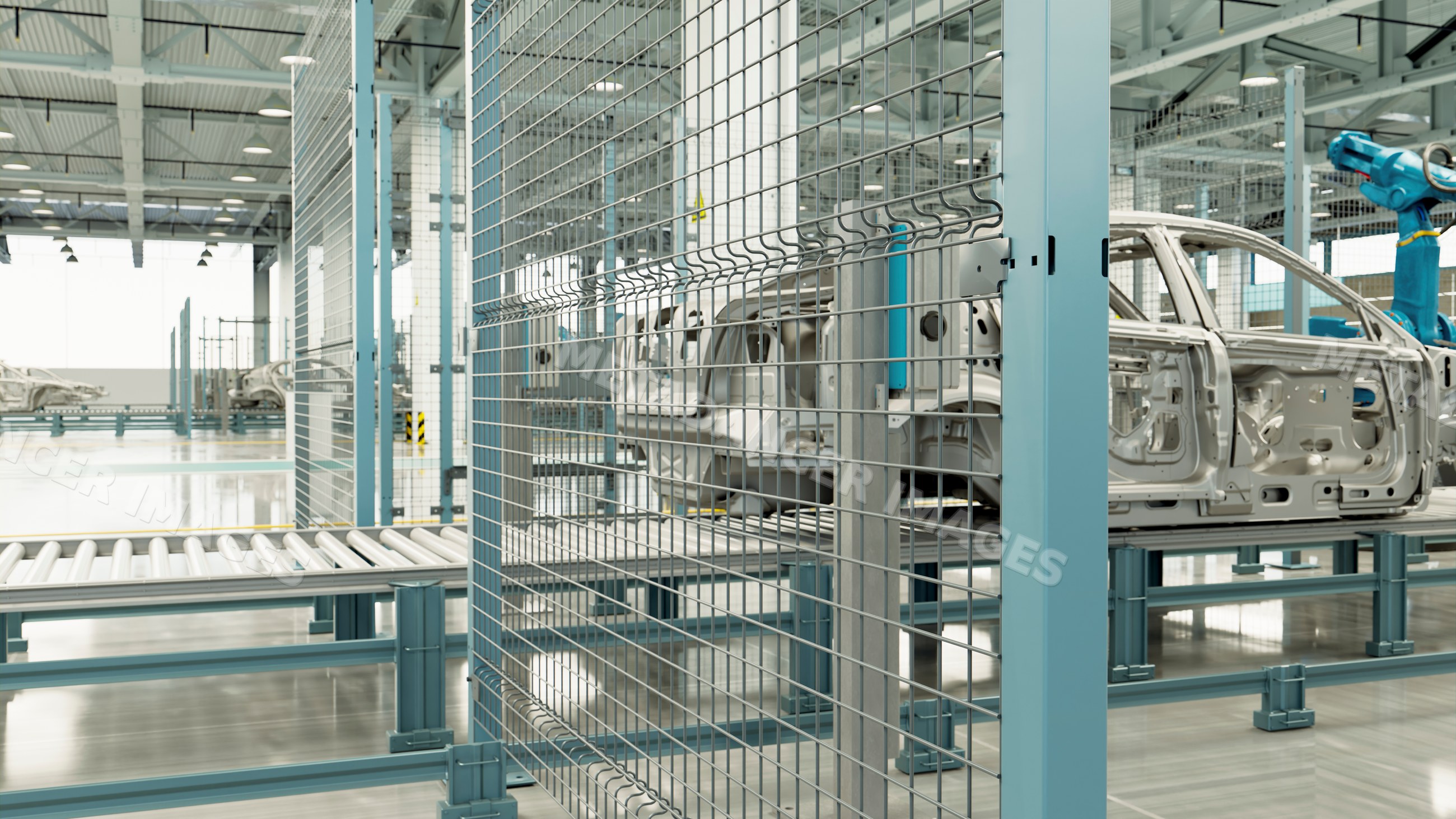 Car frames on assembly line with robotic arms in manufacturing factory