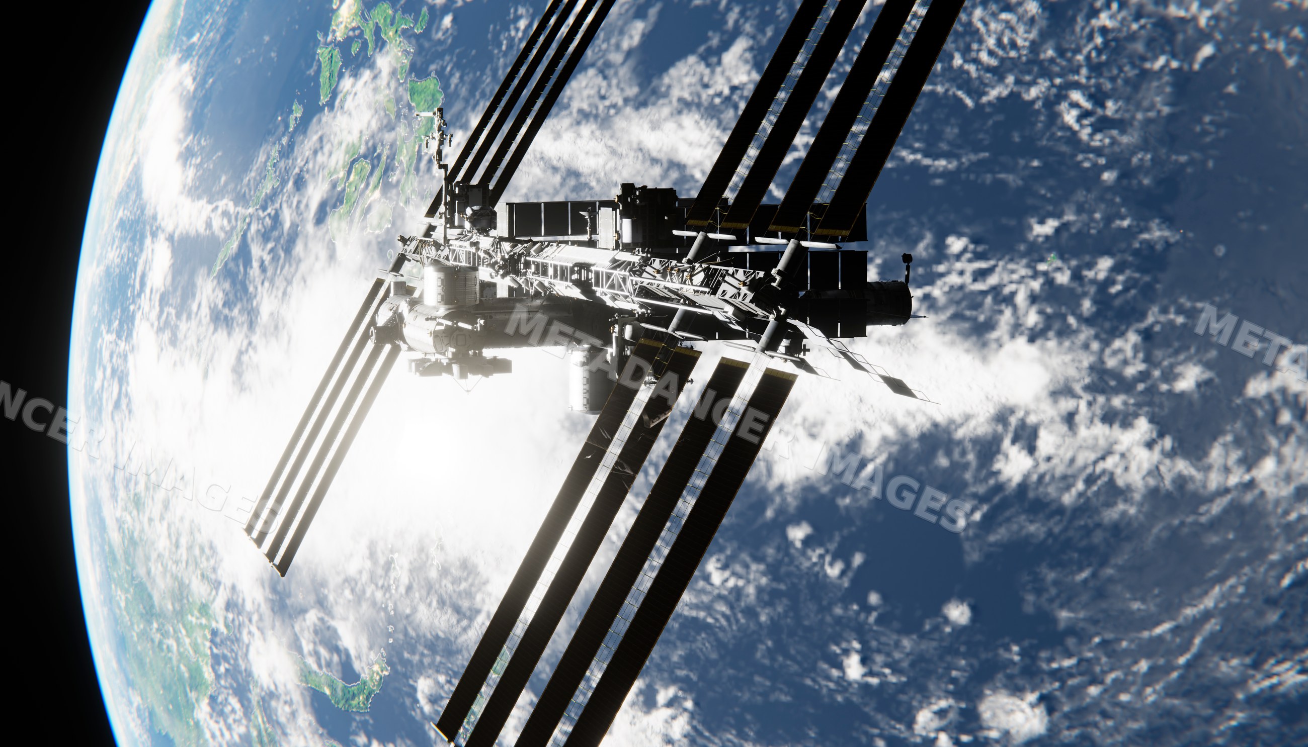 A space station orbits earth with solar panels extended in space