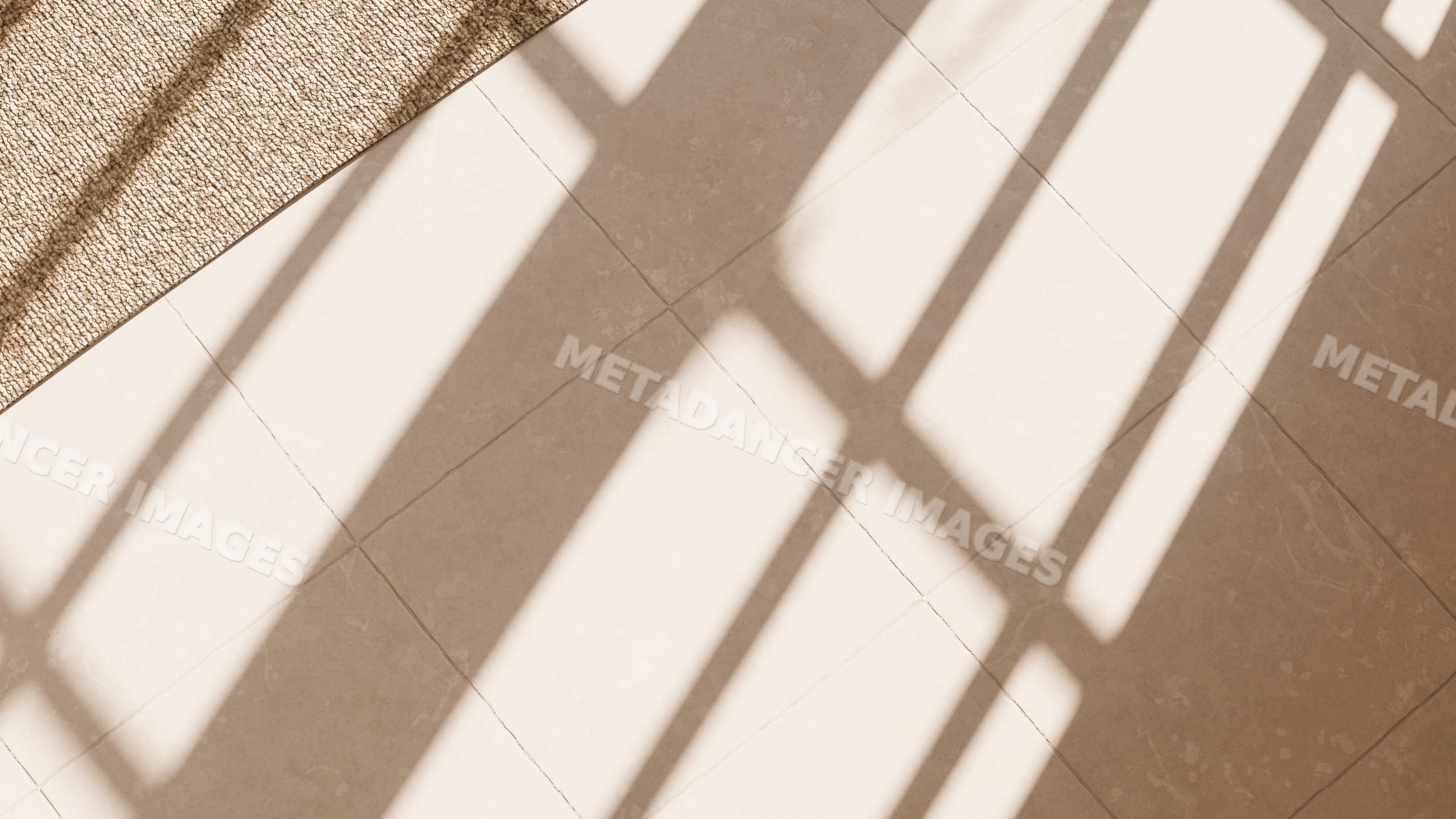 Tile floor with window shadows and textured rug in natural sunlight