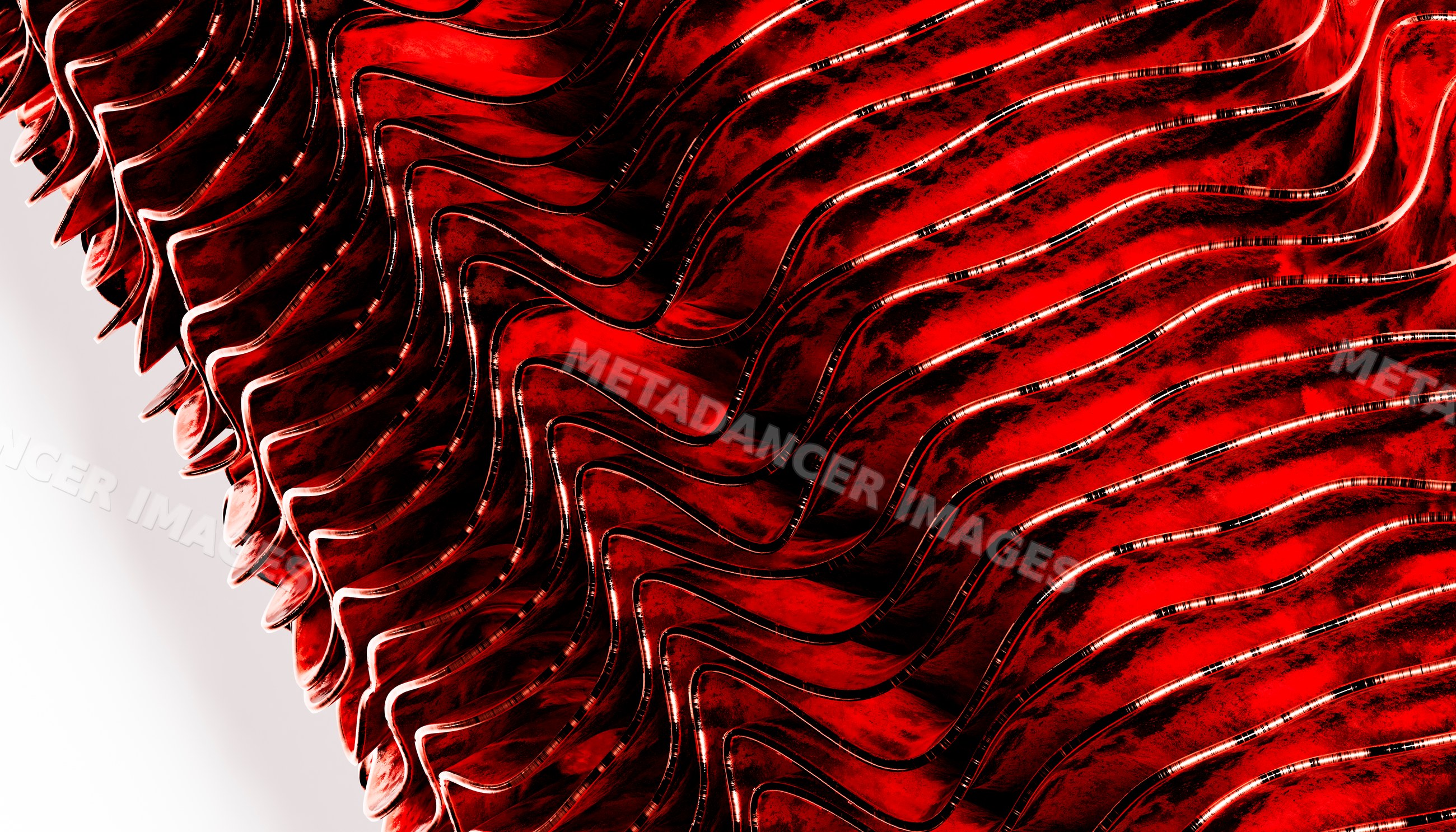 Red wavy metallic surface with reflective abstract patterns