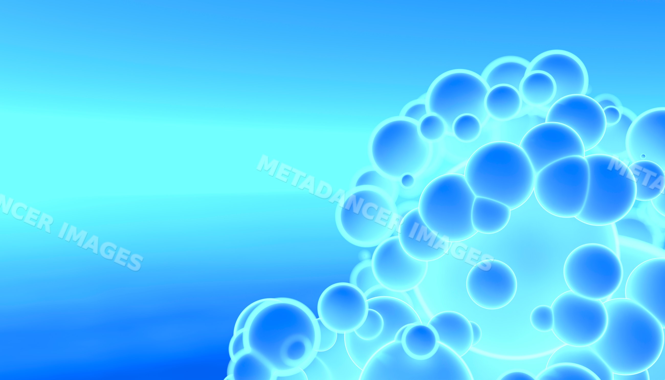 Blue glowing abstract spheres clustered on blue gradient background