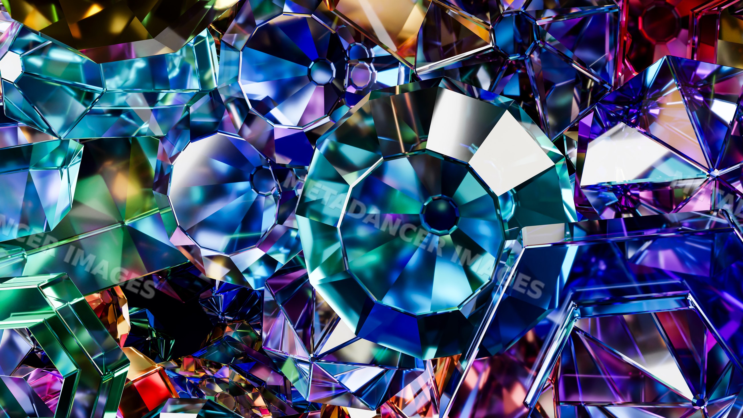 Multicolored faceted crystals in an abstract 3d illustration