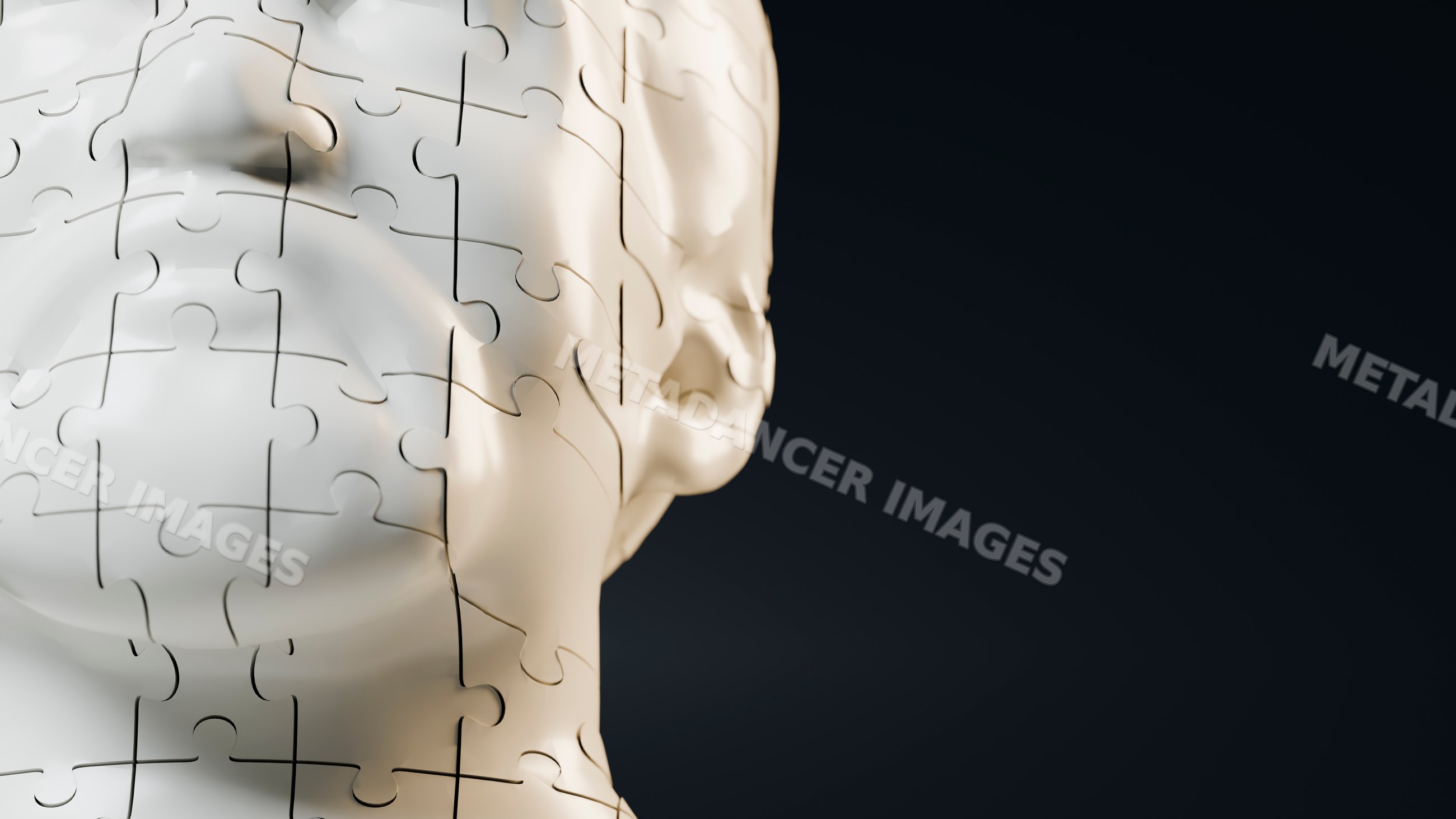 3d fragmented face puzzle sculpture close-up on black background