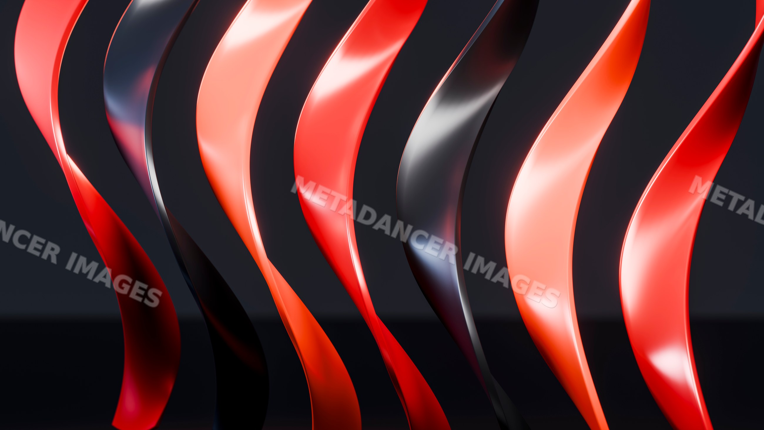 Curved red and black abstract sculptures with glossy surfaces