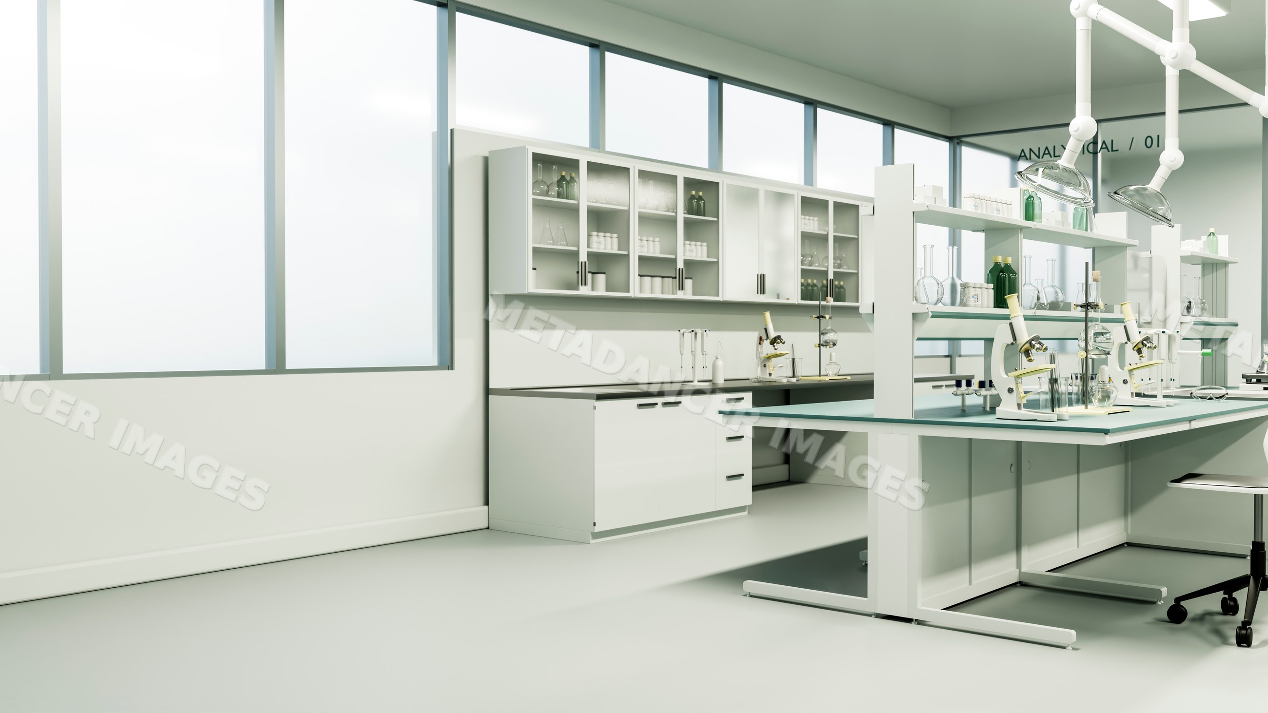 Scientific laboratory interior with microscopes and chemical glassware