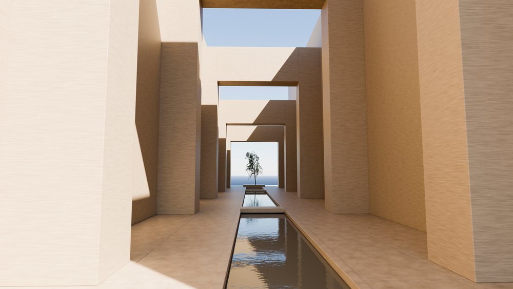 Minimalist modern architectural corridor with water channel