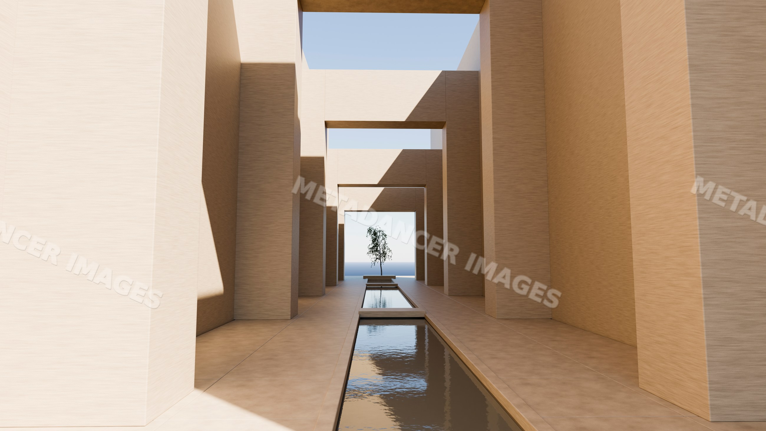 Minimalist modern architectural corridor with water channel