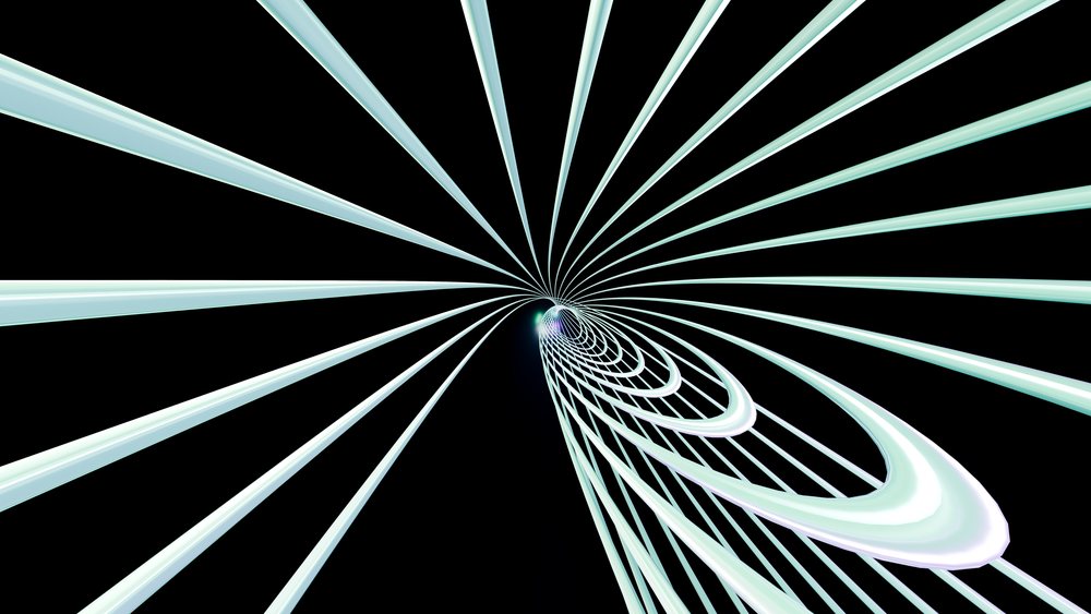 Abstract glowing spiral tunnel with white light lines