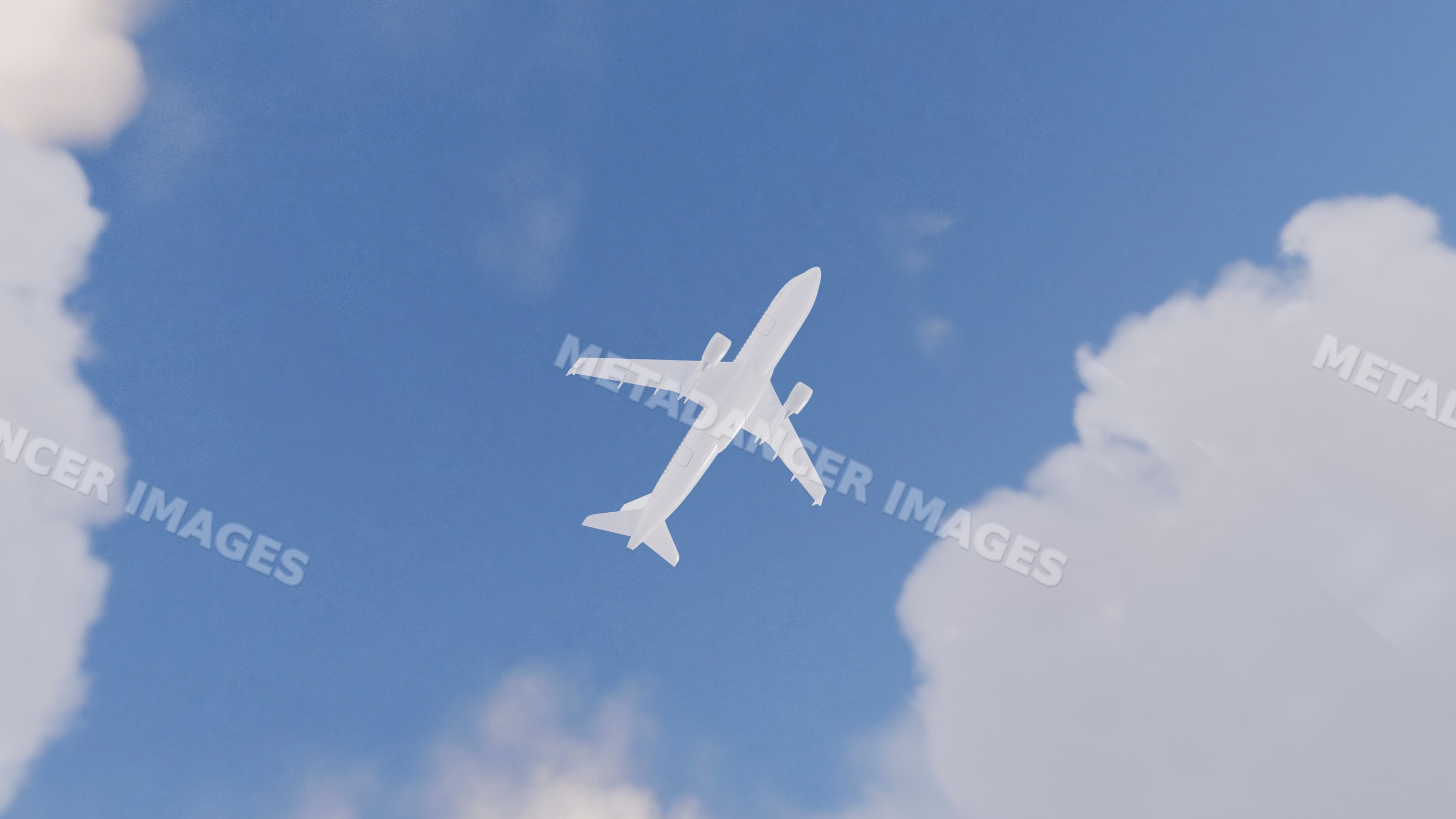 White airplane flying high in a clear blue sky
