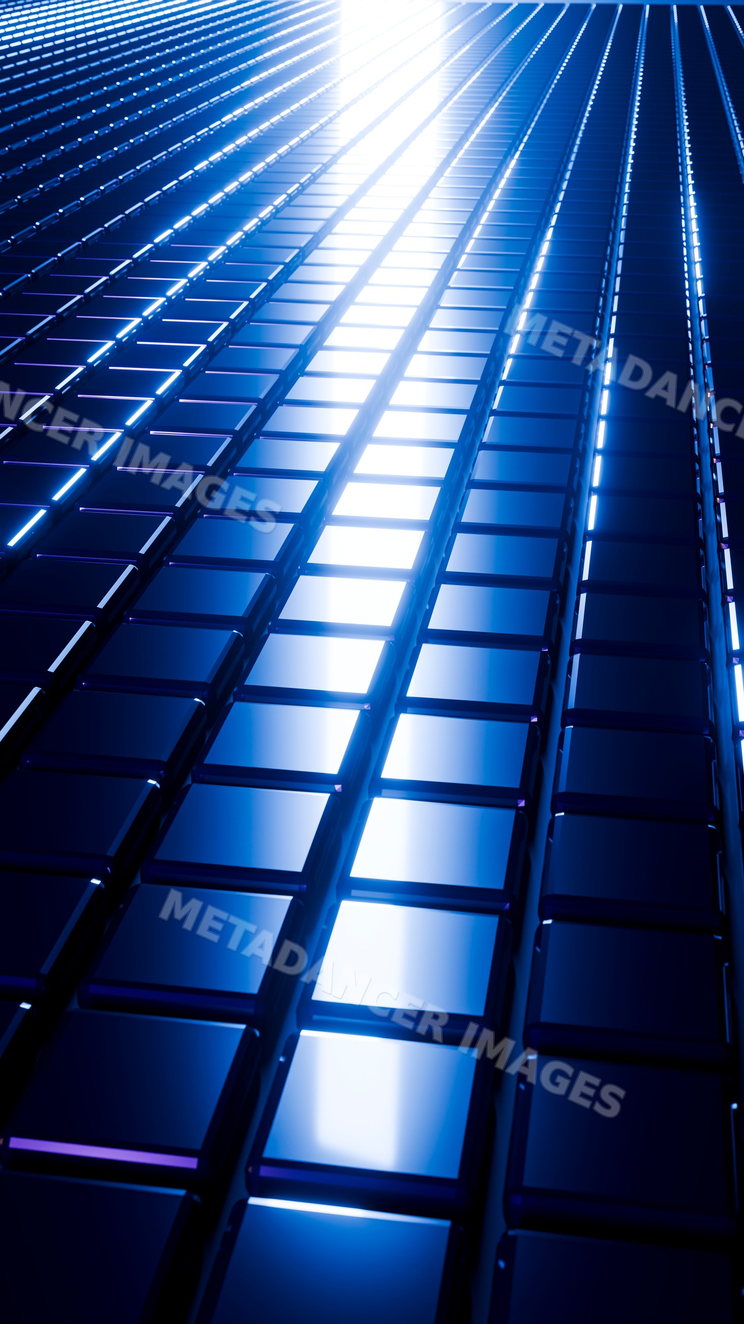 Reflective blue glass tiles with geometric light pattern