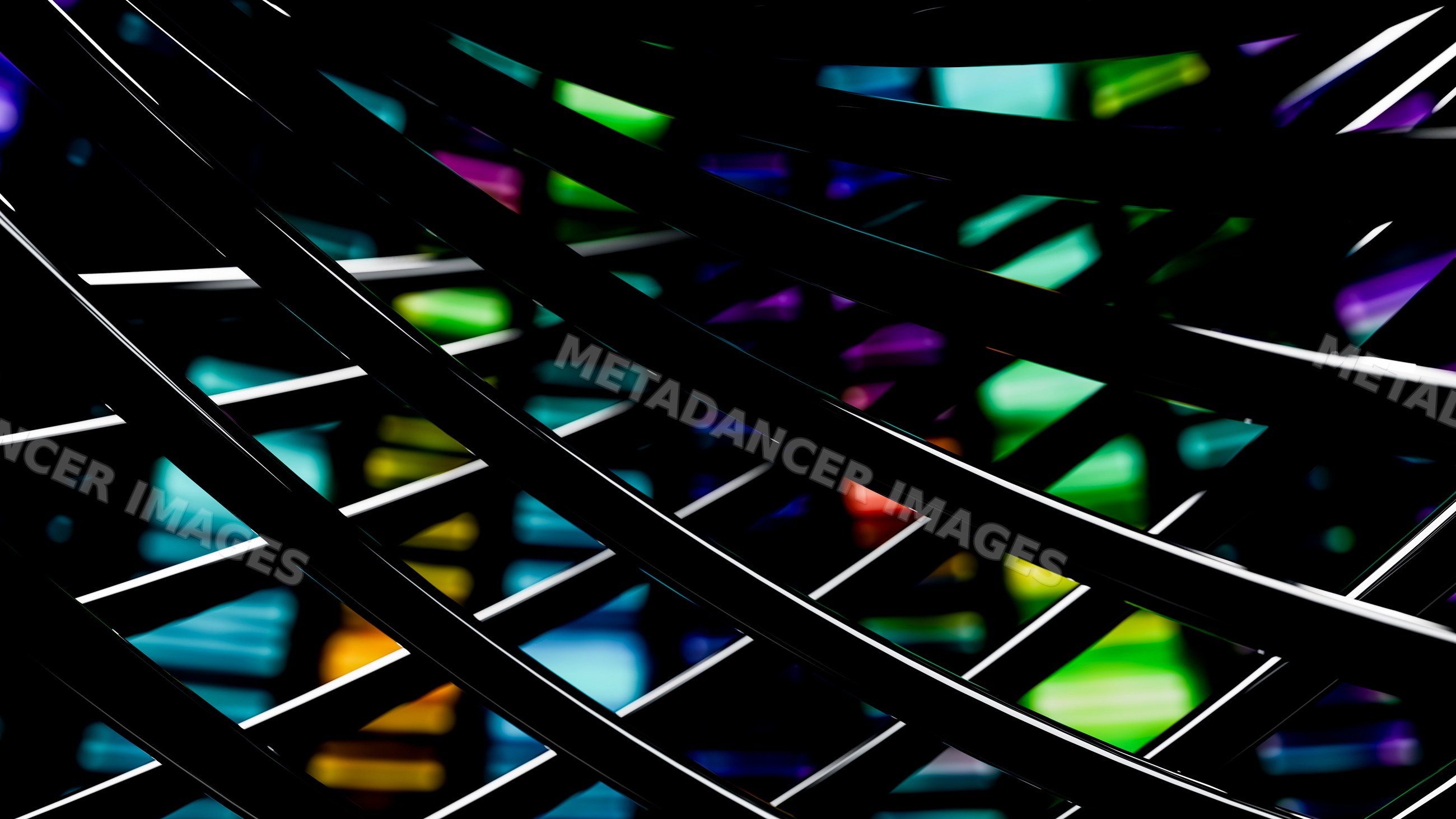 Black metal bars intersect with colorful stained glass