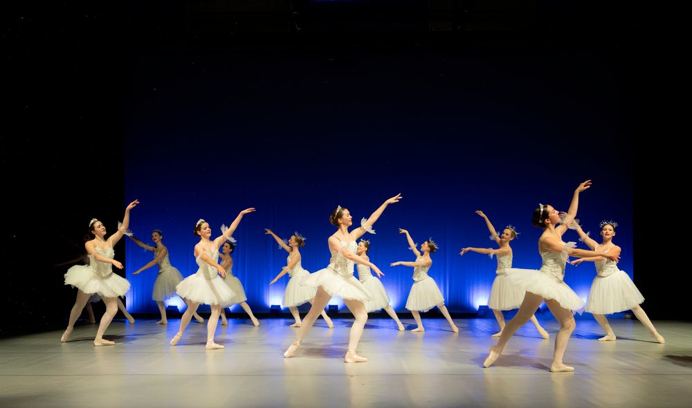 Ballet dancers performing a graceful group dance on stage