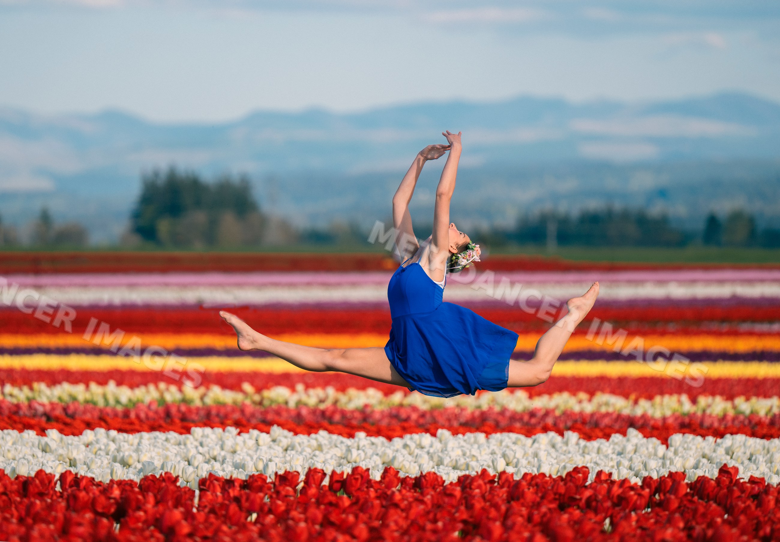 Ballet white dancer leaping over colorful tulip field outdoors