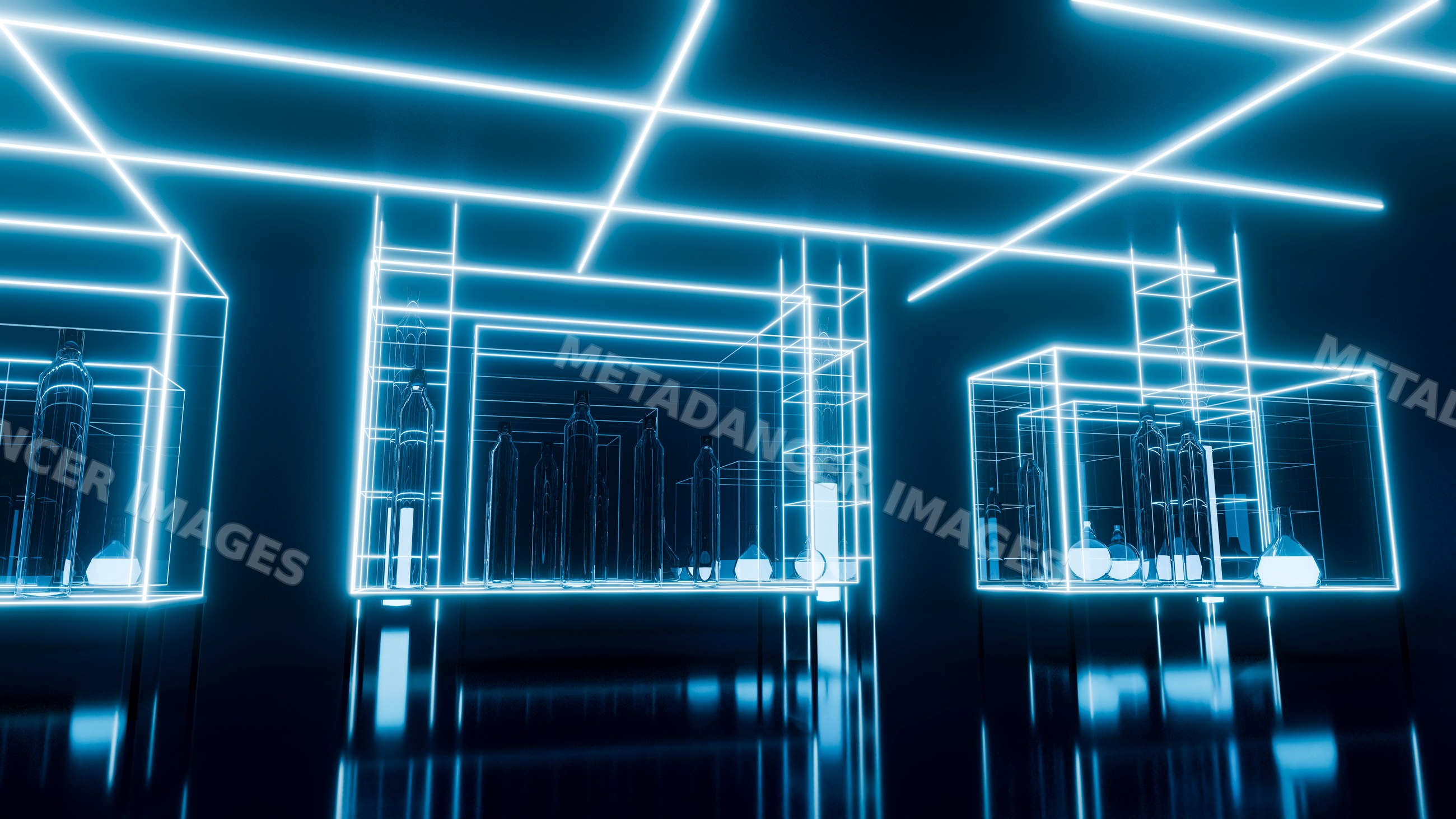 Glass bottles on neon-lit shelves in a futuristic dark room