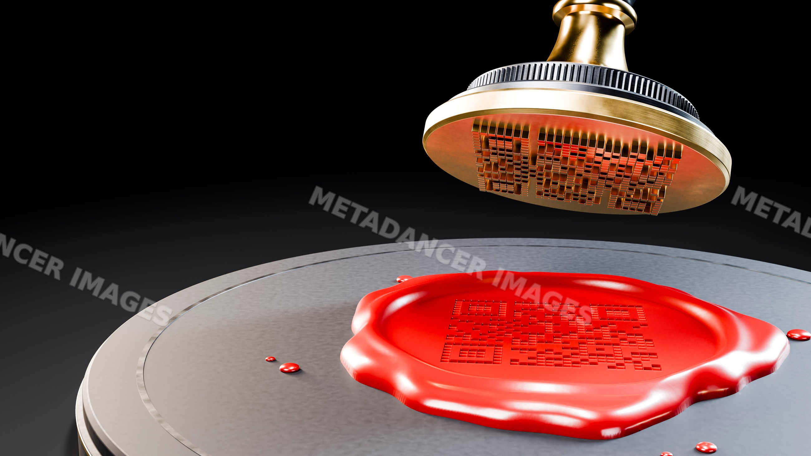 Red wax seal being stamped with embossed pattern on metal surface