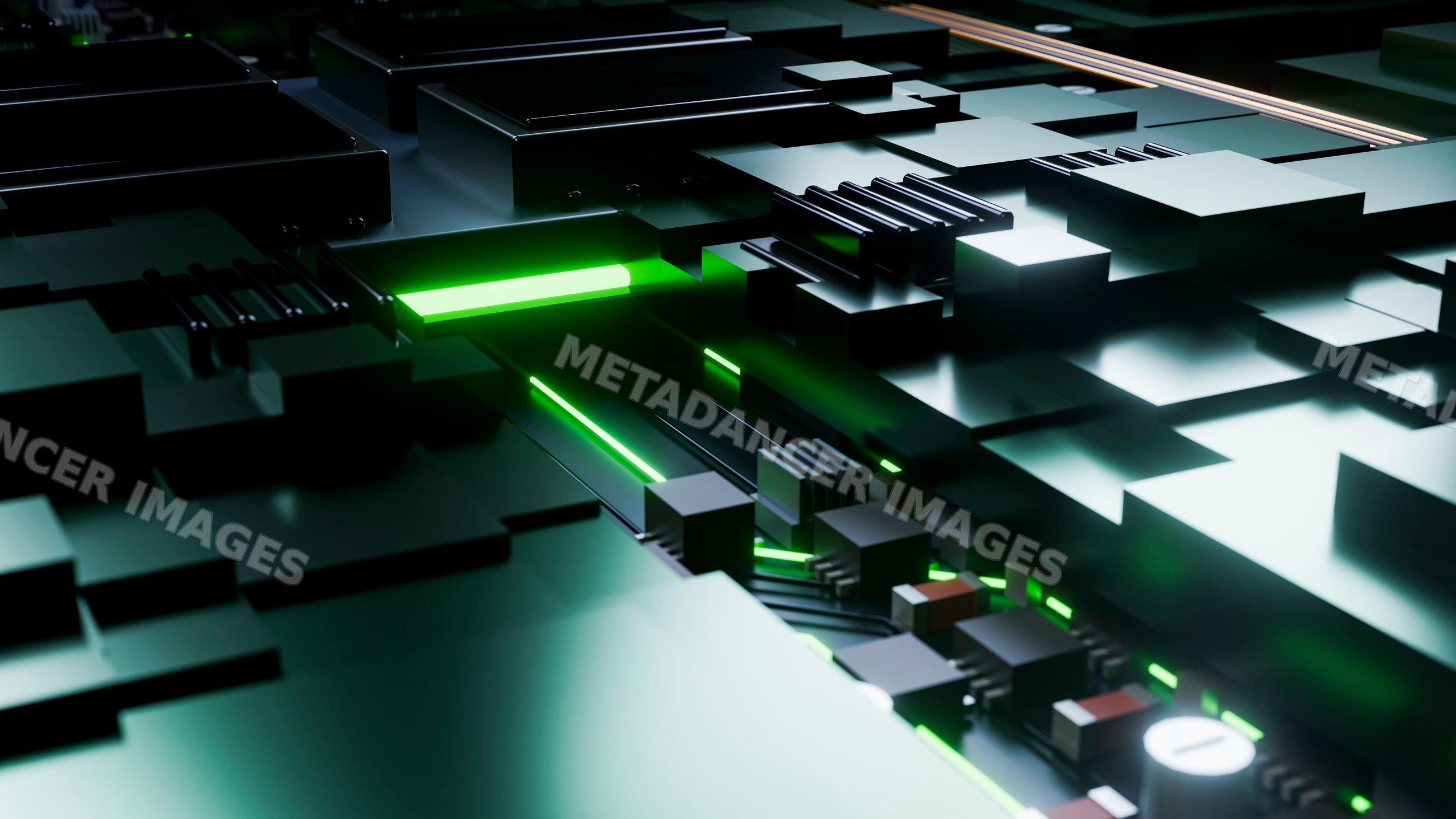 Circuit board with glowing green light on electronic components