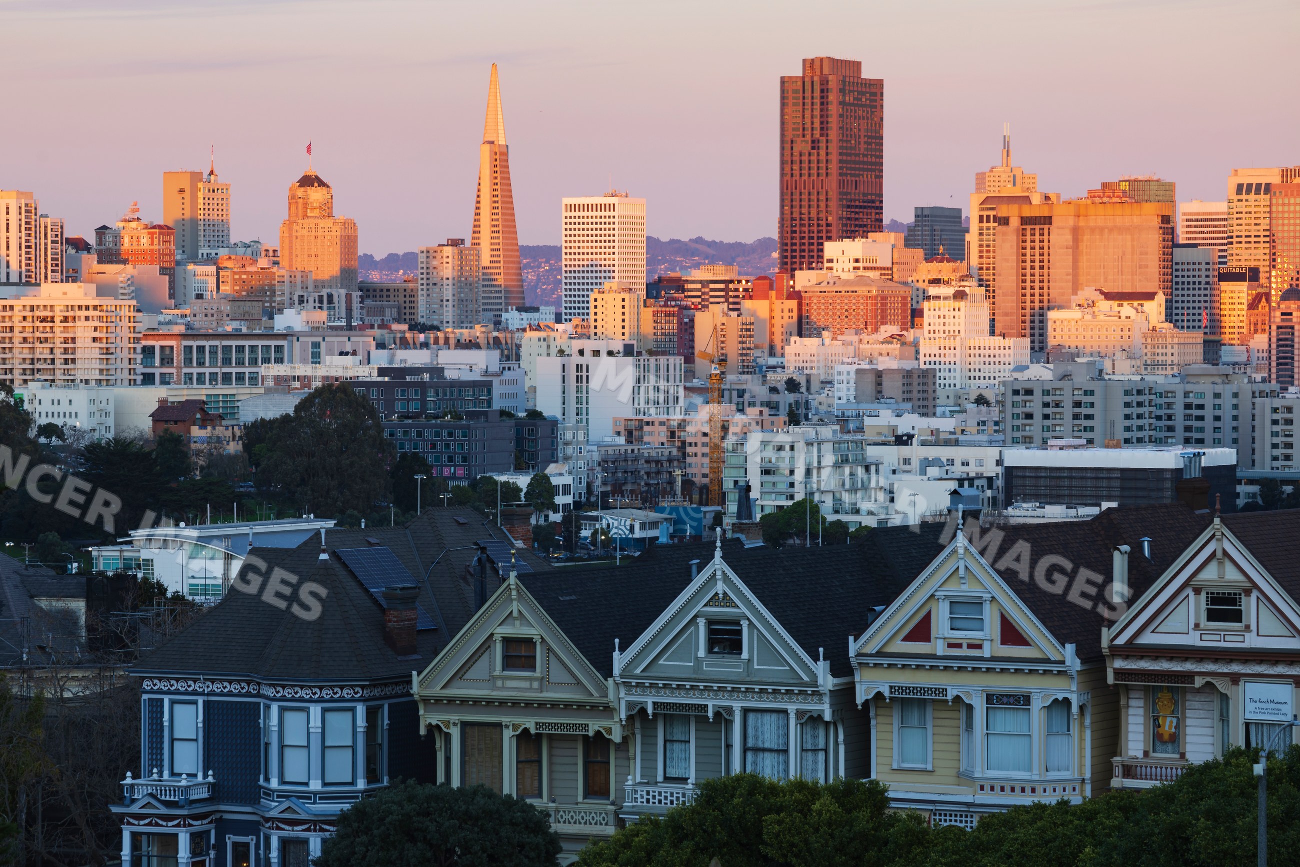 San Francisco skyline at sunset with victorian painted ladies houses