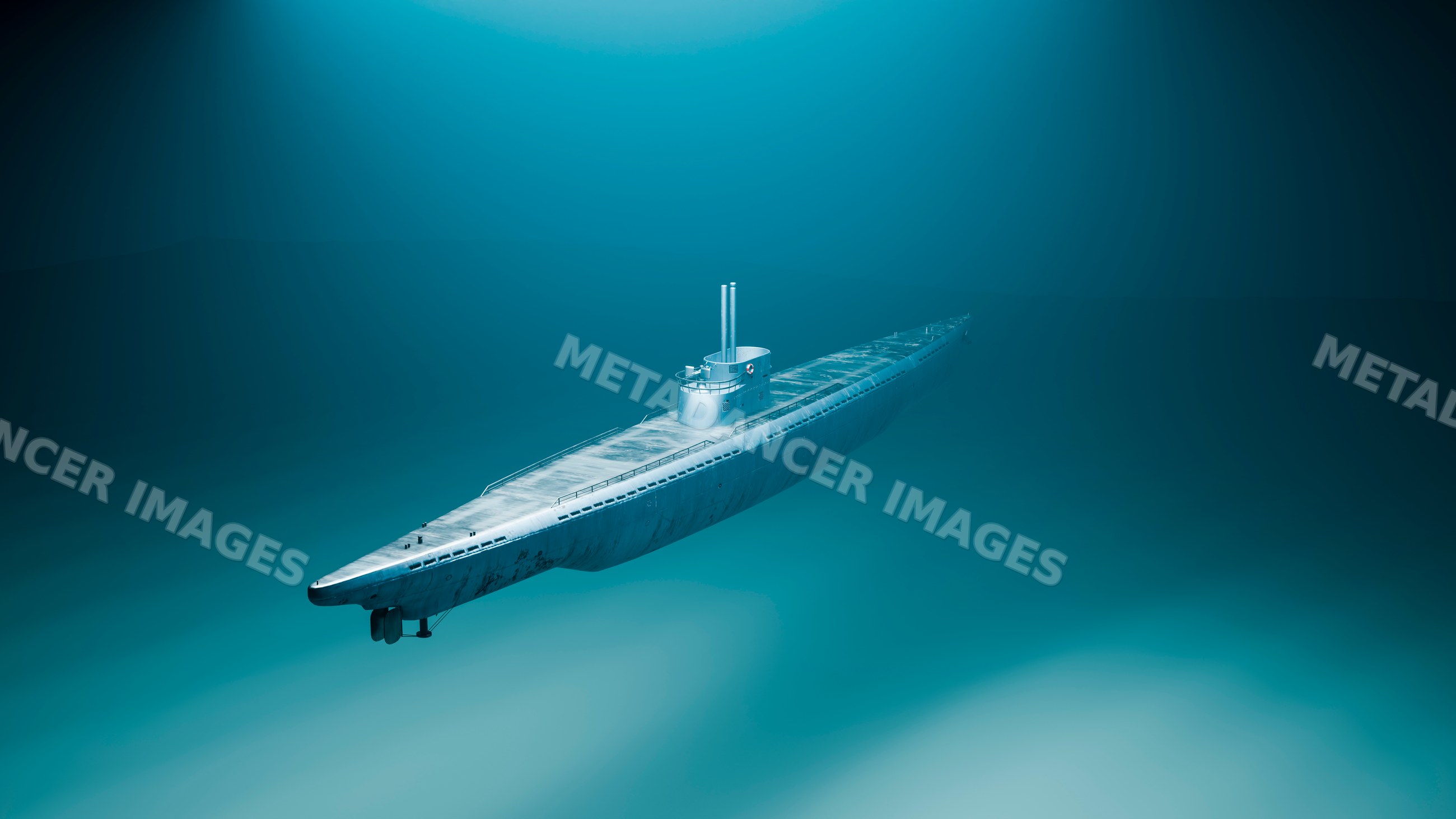 Submarine navigating underwater in the deep ocean