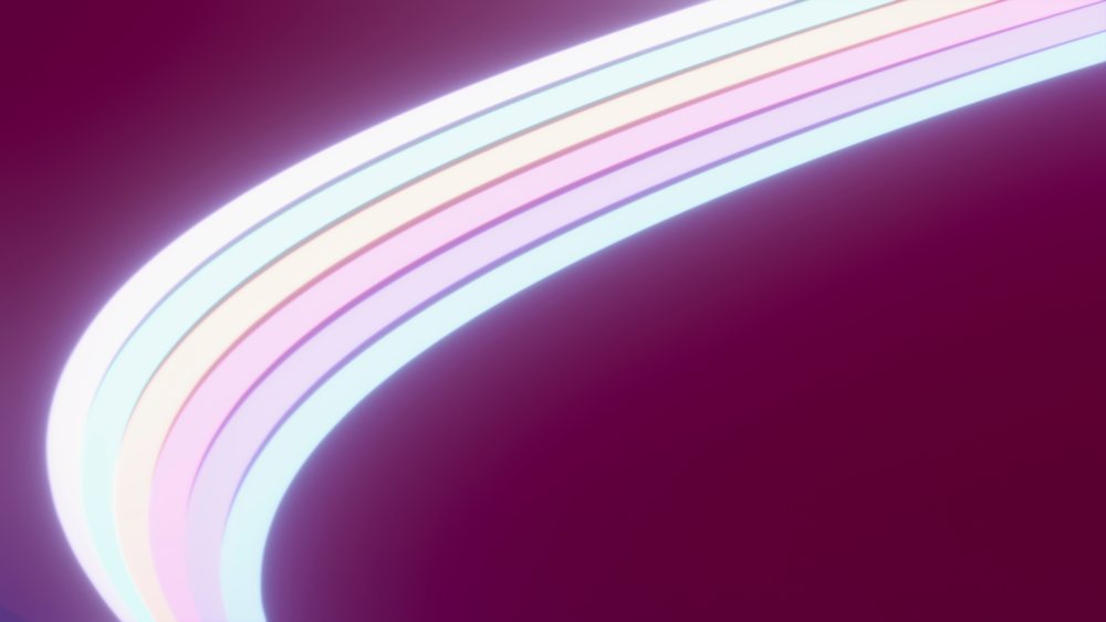 Glowing neon curved lights on purple background digital illustration