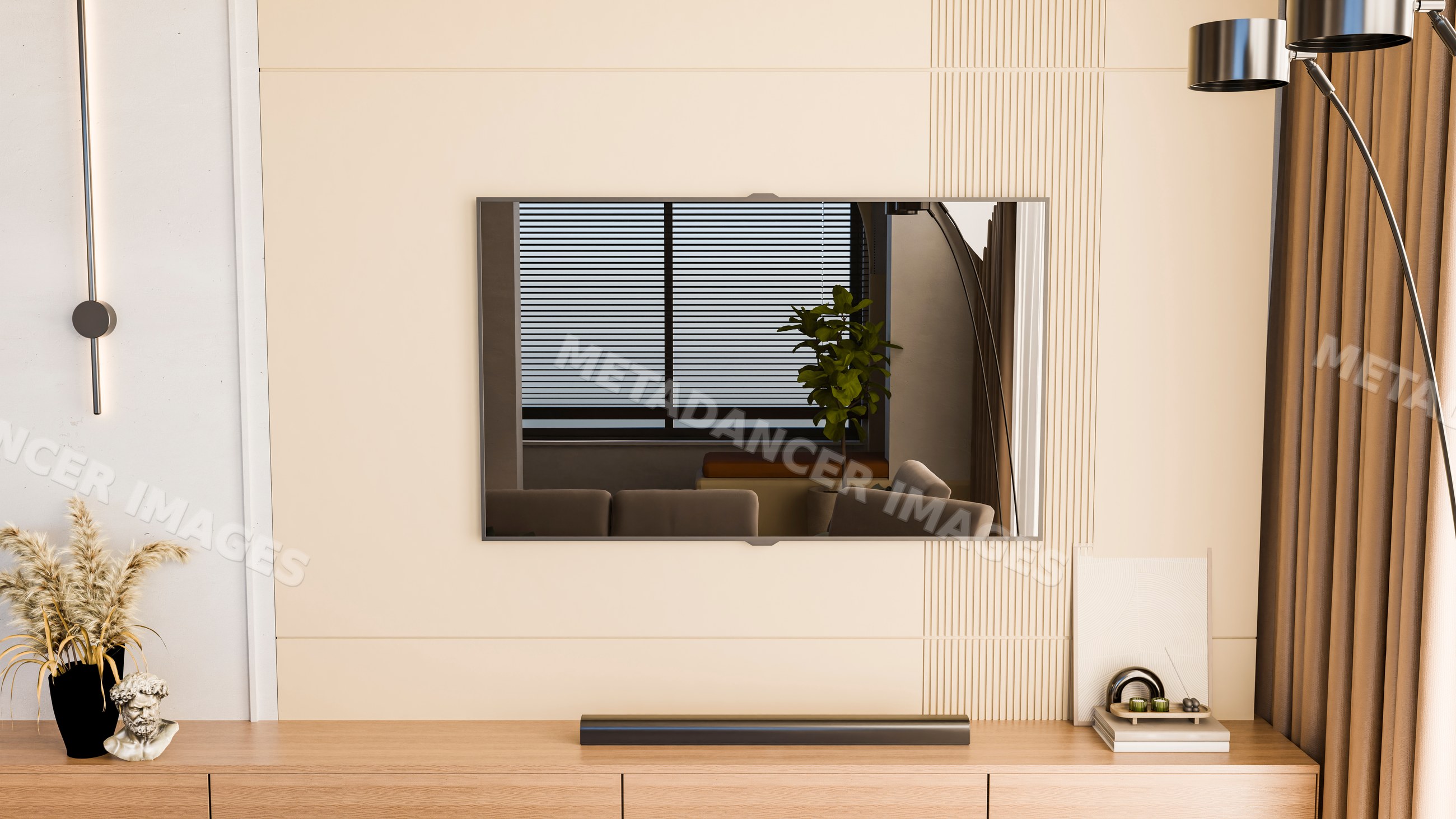 Wall mounted smart tv in modern living room with wooden cabinet