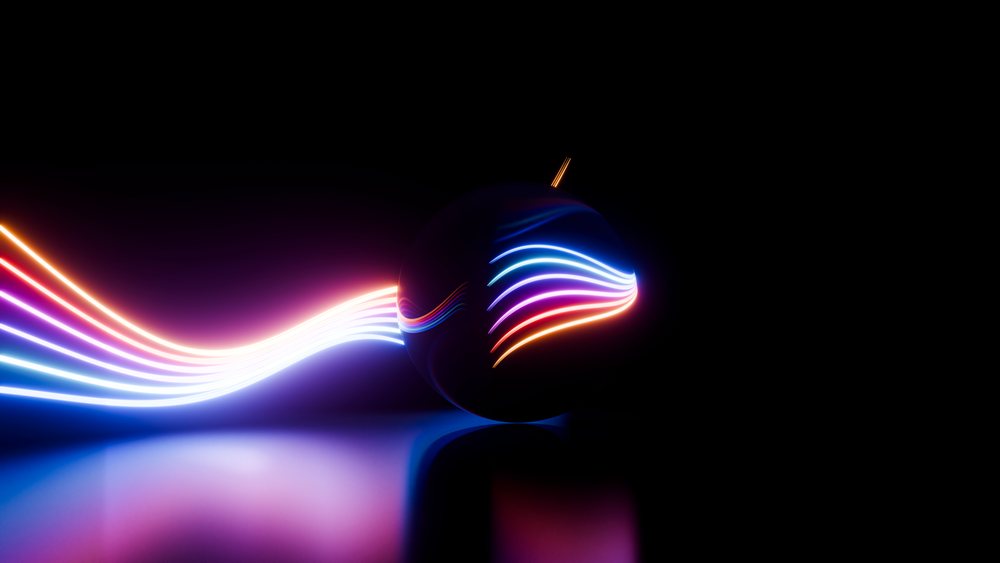 Glowing sphere with vibrant neon light trails digital illustration