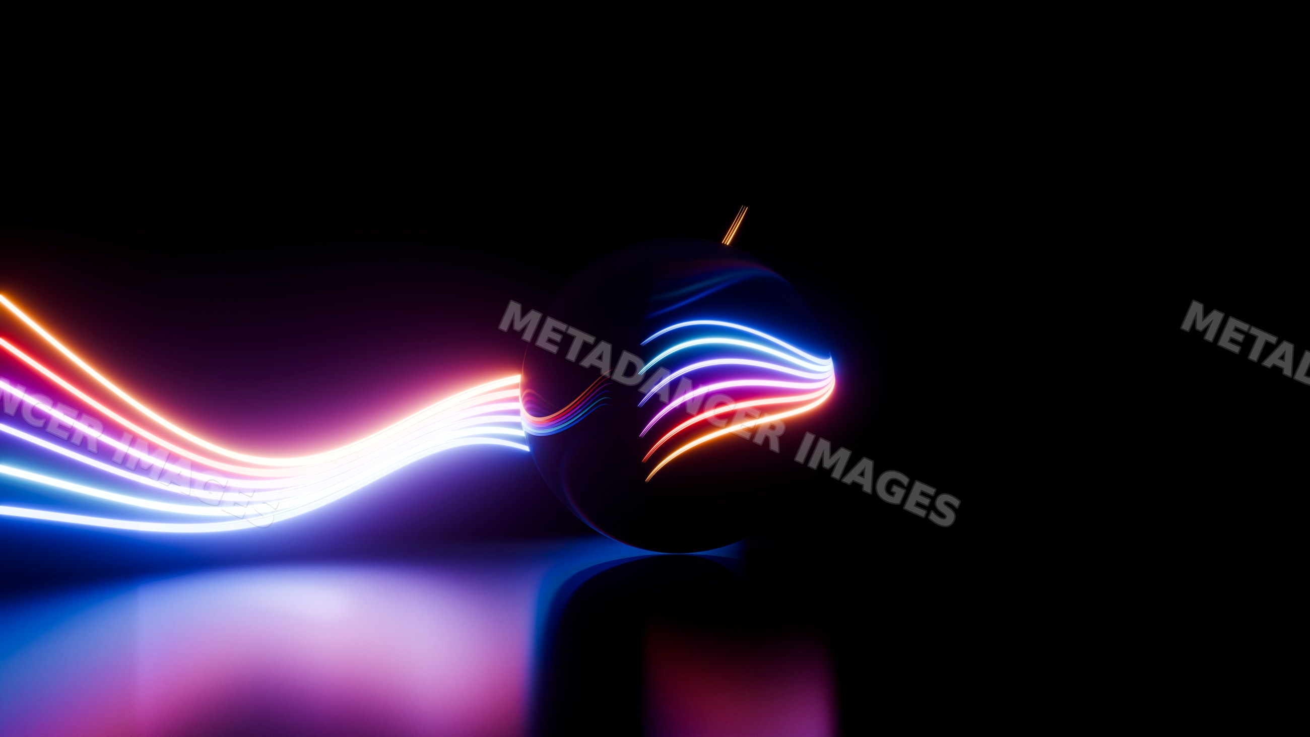 Glowing sphere with vibrant neon light trails digital illustration