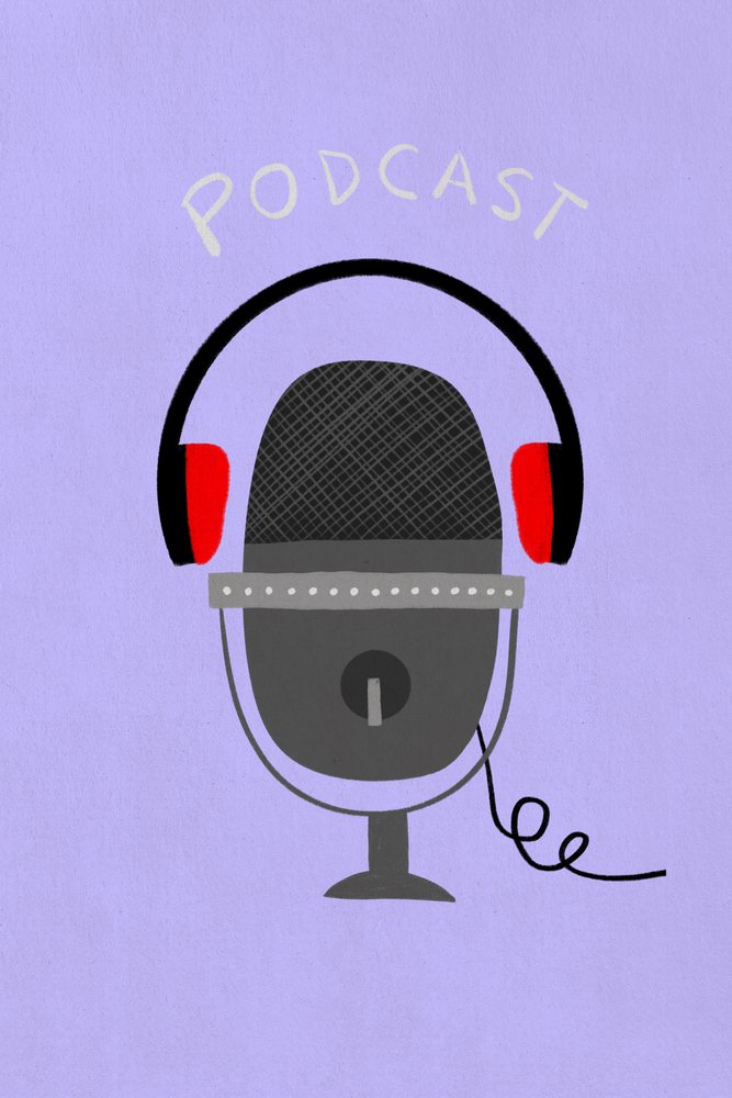Digital illustration of a microphone with headphones and generic audio