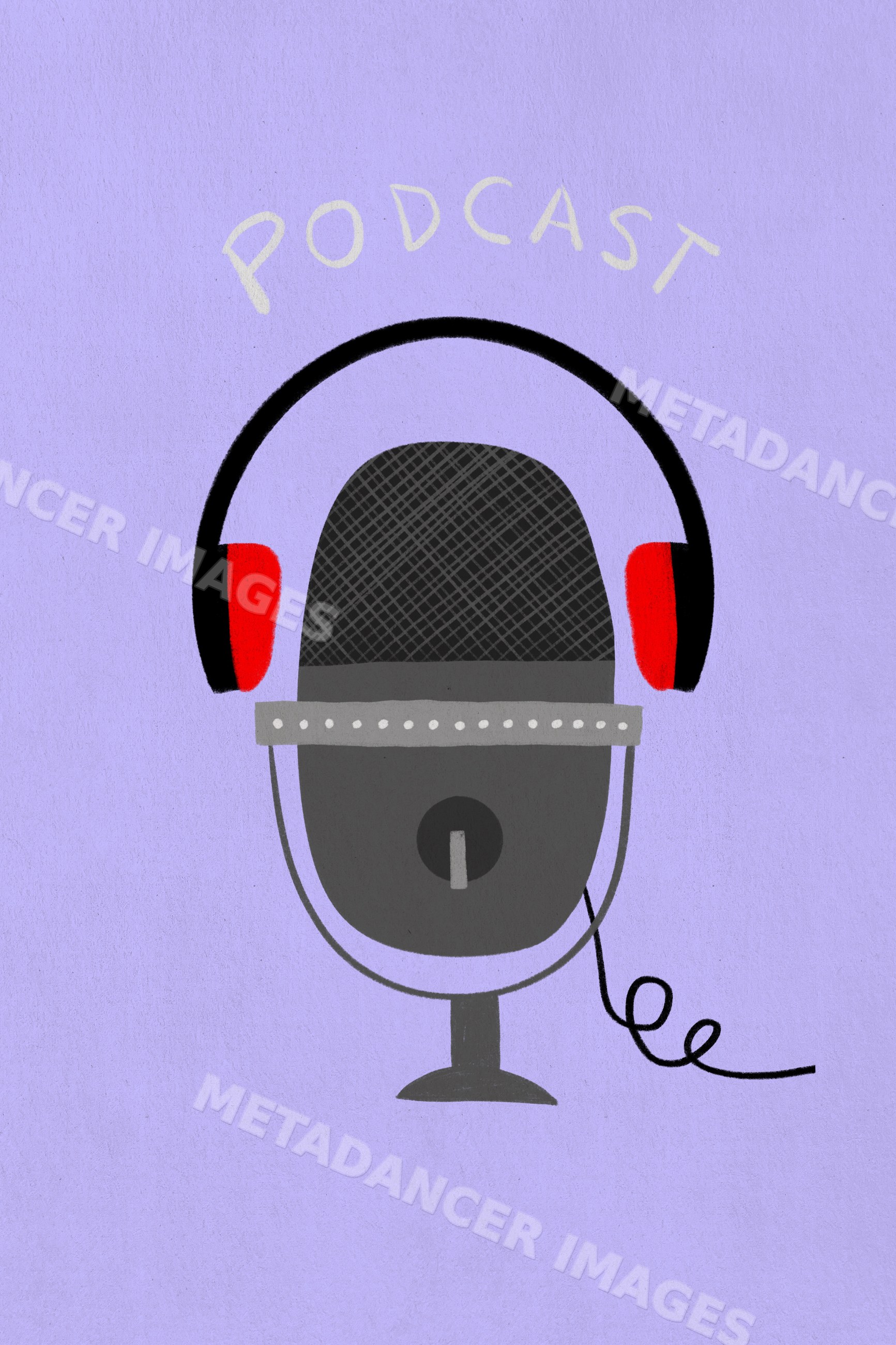 Digital illustration of a microphone with headphones and generic audio