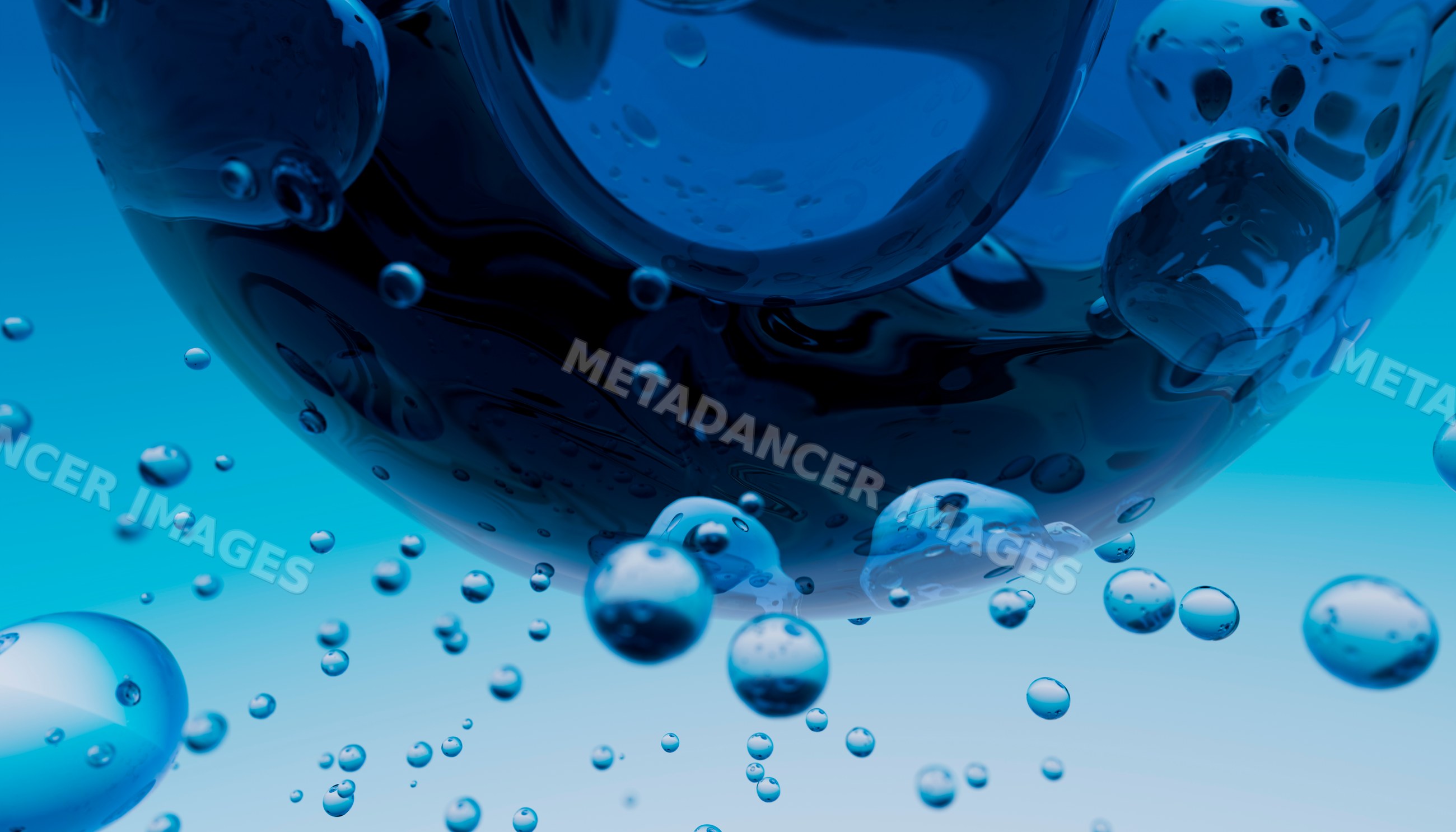 Close-up of blue water bubbles underwater highlighting surface tension