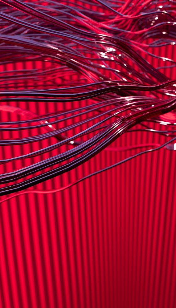 Shiny metal wires create an abstract design against a red striped