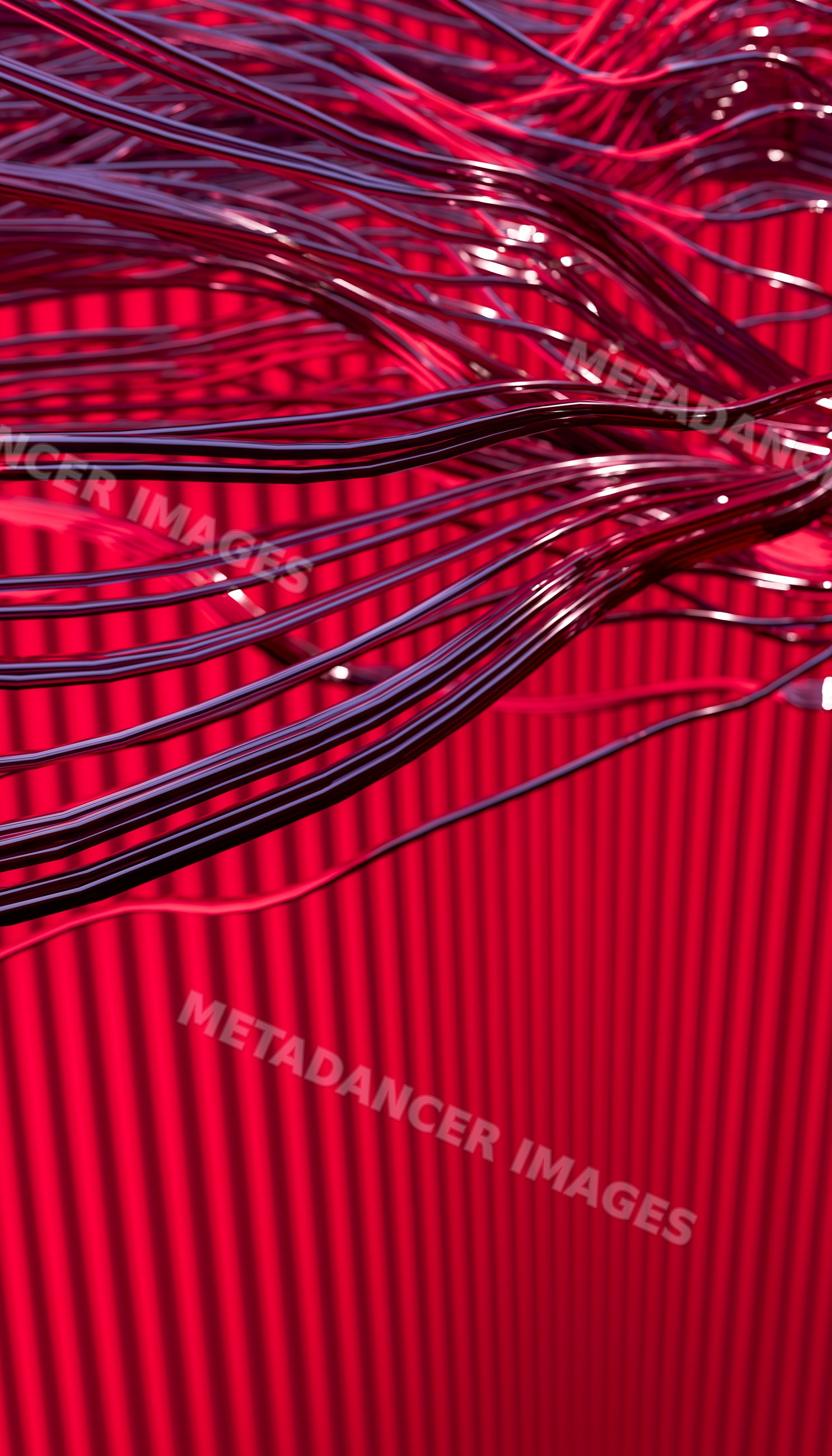 Shiny metal wires create an abstract design against a red striped