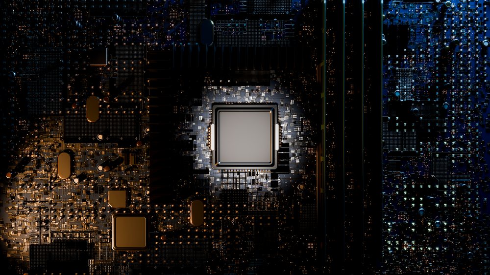 Computer motherboard with central chip and electronic components