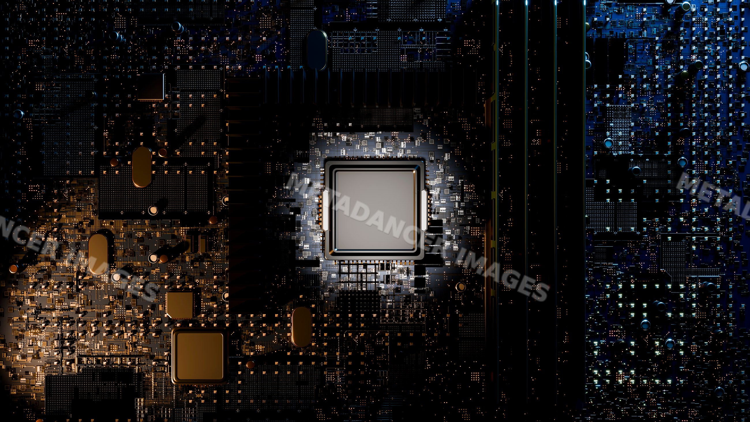 Computer motherboard with central chip and electronic components